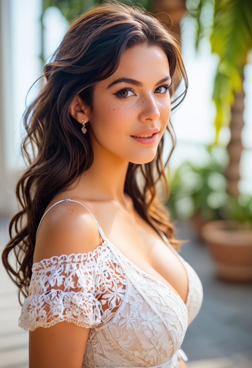 a beautifull girl ,24-year-old Arabic woman , big brown eyes , (curly hair:1.2), 1girl, graceful body structure, from front, looking at viewer, perfect viewpoint, highly detailed, Berber tattoo on her forehead ,modern elegance , mountains, real life nature, stars, moon, highly detailed , sexy body, 4k photo , soft lightning , charming smile, shot on Canon, 85mm, shallow depth of field, Kodak Vision Color, Perfect Fit Body , extremely detailed, photography_\(ultra\), Photorealistic, Realistic, Post-processing, maximum details, roughness, real life, ultra realistic, Photorealism, photography, 8k UHD, front view