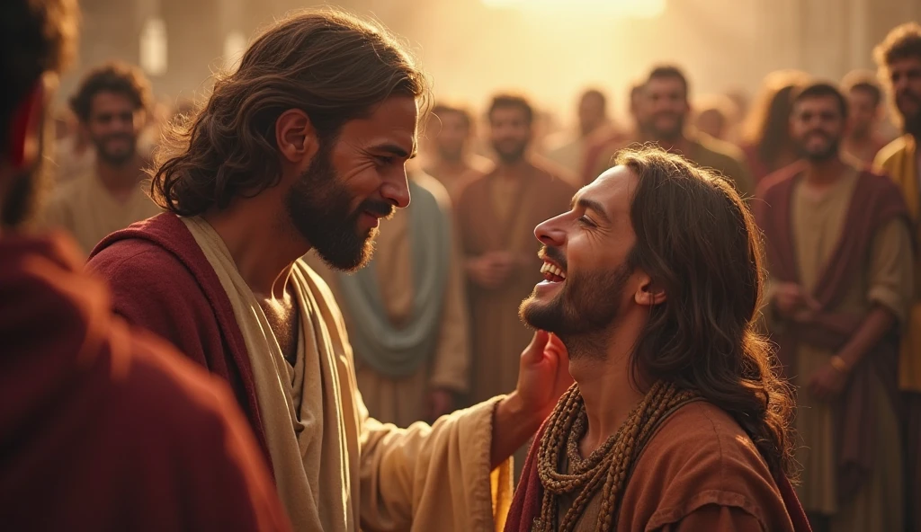 Jesus healed a blind man by touching his eyes, don't show Jesus' face , just his back