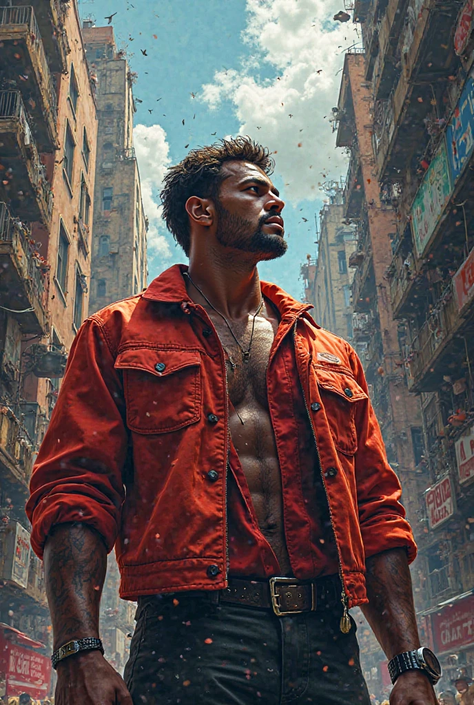 Create a full body illustration of a dark-skinned man, with short hair with entrances, using an old cloth in the style of the anime jojo
