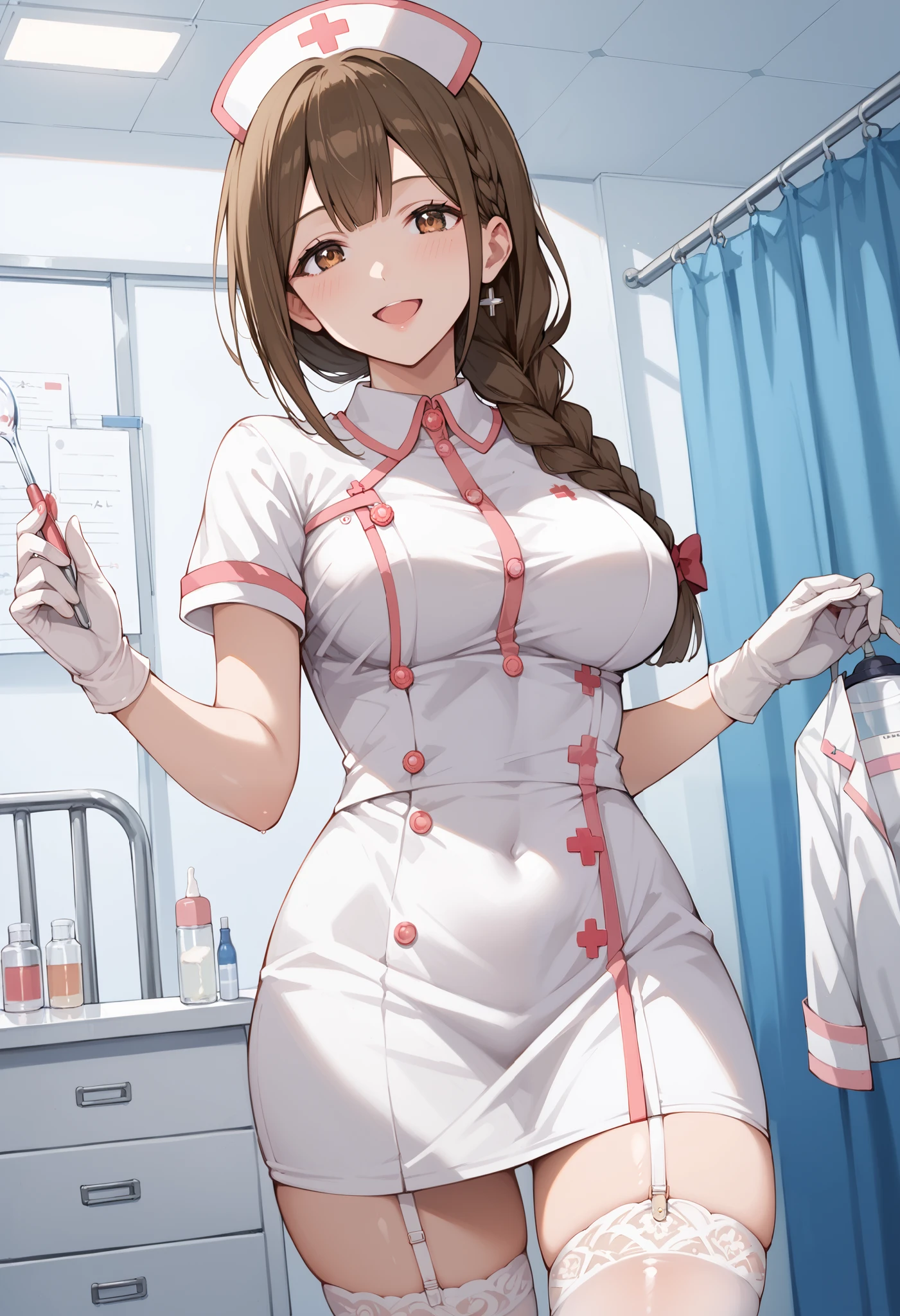 Score_9, score_8_up, score_7_up, source_anime, kuwayama chiyuki, solo, large breasts, single braid, brown hair, brown eyes, (best quality), (high quality), {masterpiece}, extremely delicate and beautiful, ultra-detailed, beautiful detailed eyes, nurse, nurse hat, ((white nurse's outfit)), white gloves, white thighhighs, hospital room, smile, open mouth, standing