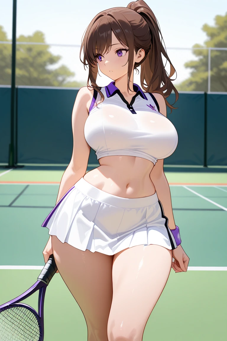 best quality,1girl,((big breasts:1.5)),curvy,orgasm,ahegao,blush,arms behind back, Blue eyes, bow, white , brown hair, red bows, collarbone, hair intakes, hair ornament, letterboxed, long hair, ((tennis uniform,white skirt,mini skirt,lift skirt,upskirt,pink panties,lace panties,black thighhighs:1.1)),pussy juice,full body,forest,forest林,walking