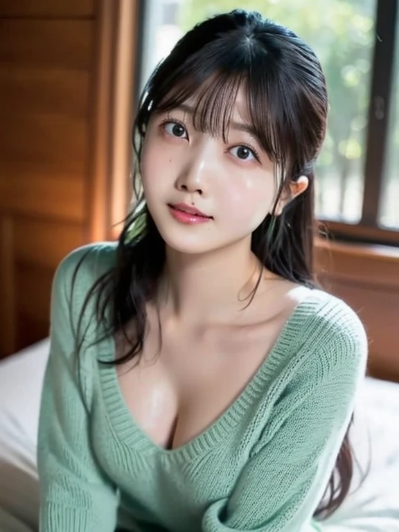 ((highest quality、muste piece、High resolution))、(Zoom photo from the front:1.95、inside a public toilet:1.5、medium hair、trimmed bangs、wear black tights、high school girl、cleavage)、cute girl、(((high school girl、high school uniform、wet body、cute face、beautiful skin、black hair:1.5、cute smile:1.5、Pose that invites men)))