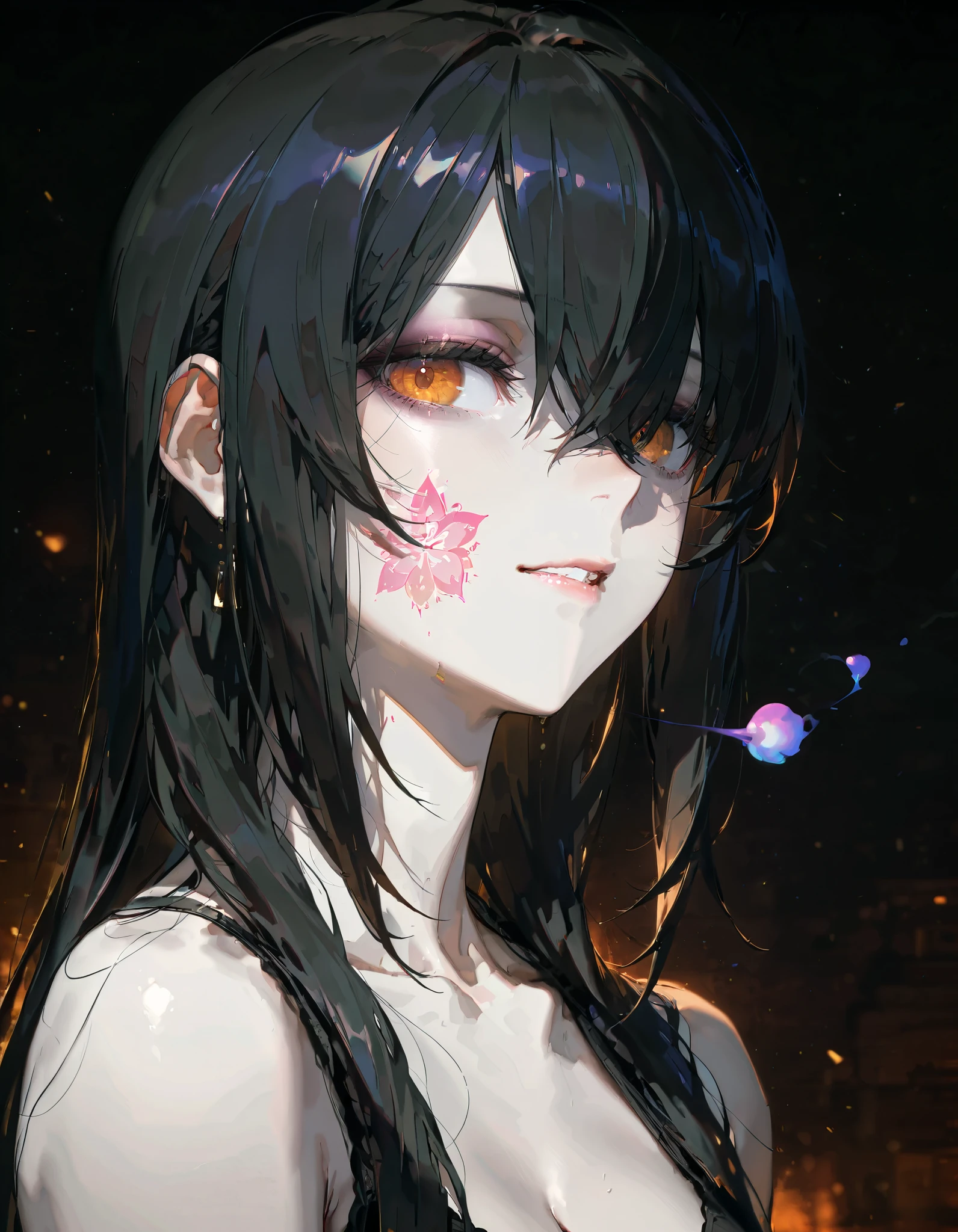 (artist:OKAZU:1.10), (artist:hiten:0.51), artist:WANKE, (artist:ciloranko:0.55), (original character), (masterpiece: 1.2), (best_quality: 1.0), (solo: 1.4), 1woman, 35 years old, middle-aged woman, (solo focus, 1view), (mature woman, strict facial features, sharp facial features), ((face focus: 1,4)), ((Ultra Detailed, Cinematic, hyper detailed, Hyperresolution, official arts, Wallpaper 40k, Mind-blowing art)), (black hair, extra long hair, straight hair, hair front of eyes), Beautiful nose, Beautiful character design, perfect face, Colorful, Bright_Front_face_Lighting, (bright_color: 1.2), (beautiful_face: 1.5), seductive, (beautiful, clean pale skin), side view, bottom view, simple background, black background, looks to the side,