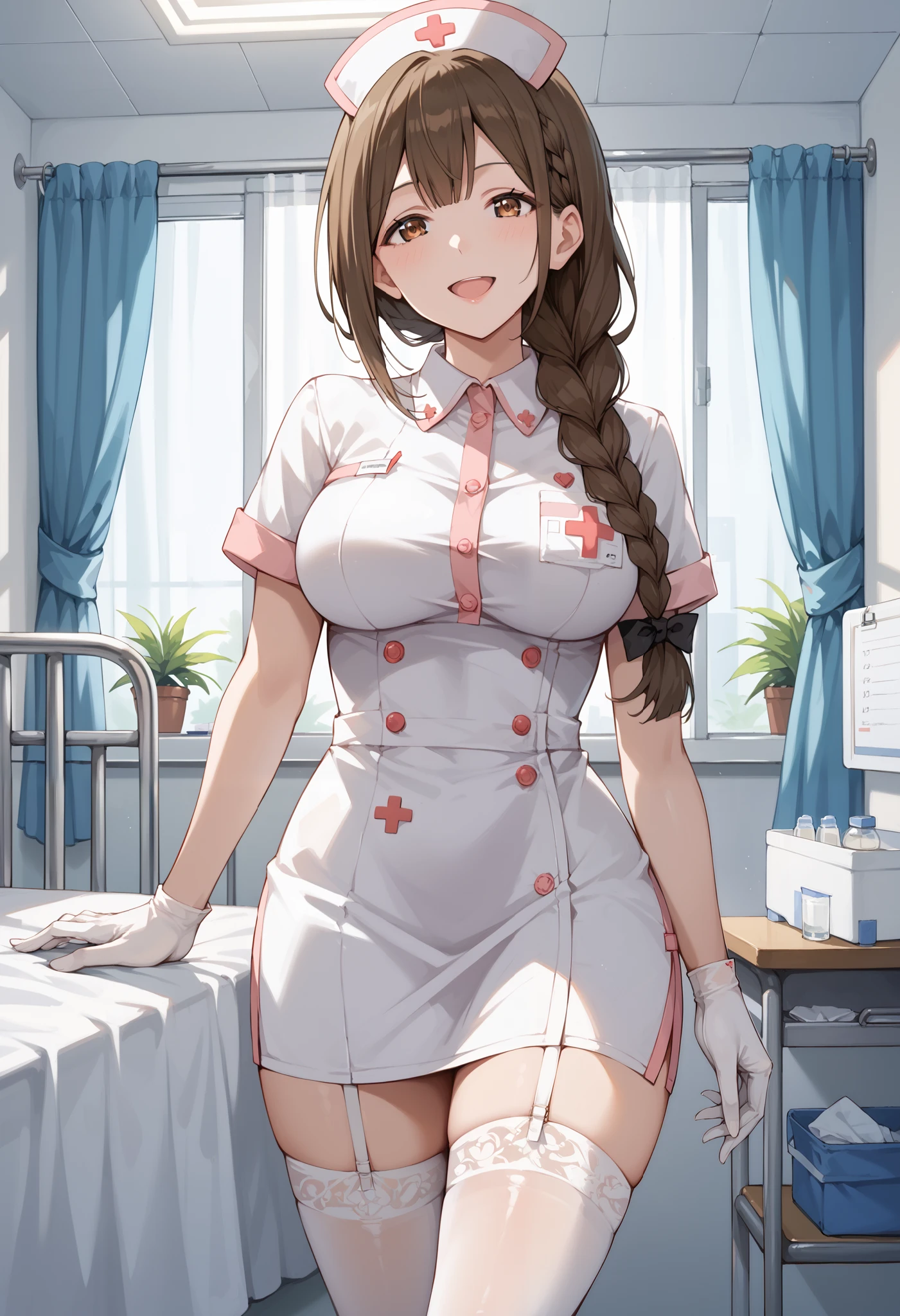 Score_9, score_8_up, score_7_up, source_anime, kuwayama chiyuki, solo, large breasts, single braid, brown hair, brown eyes, (best quality), (high quality), {masterpiece}, extremely delicate and beautiful, ultra-detailed, beautiful detailed eyes, nurse, nurse hat, ((white nurse's outfit)), white gloves, white thighhighs, hospital room, smile, open mouth, standing