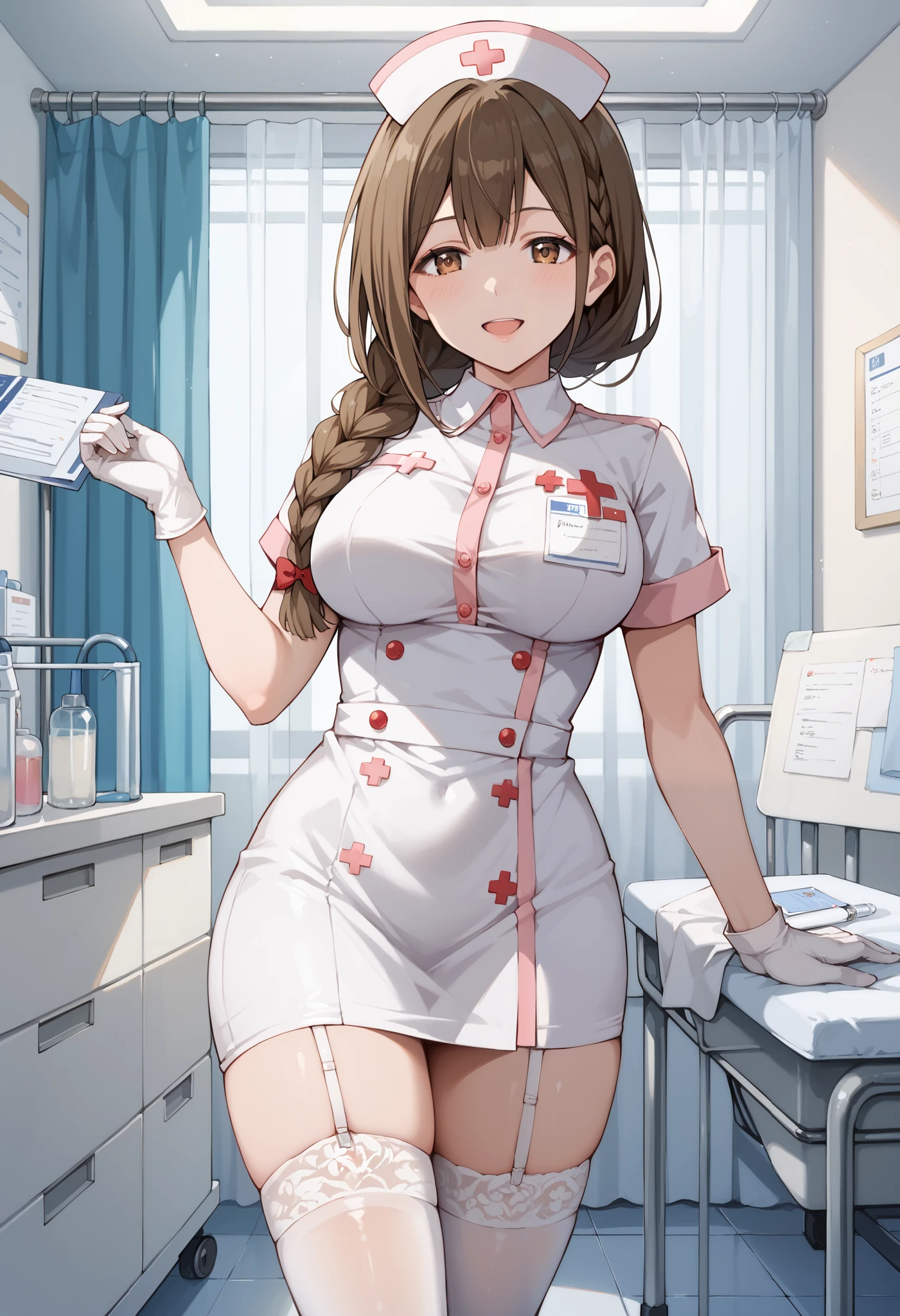 Score_9, score_8_up, score_7_up, source_anime, kuwayama chiyuki, solo, large breasts, single braid, brown hair, brown eyes, (best quality), (high quality), {masterpiece}, extremely delicate and beautiful, ultra-detailed, beautiful detailed eyes, nurse, nurse hat, ((white nurse's outfit)), white gloves, white thighhighs, hospital room, smile, open mouth, standing