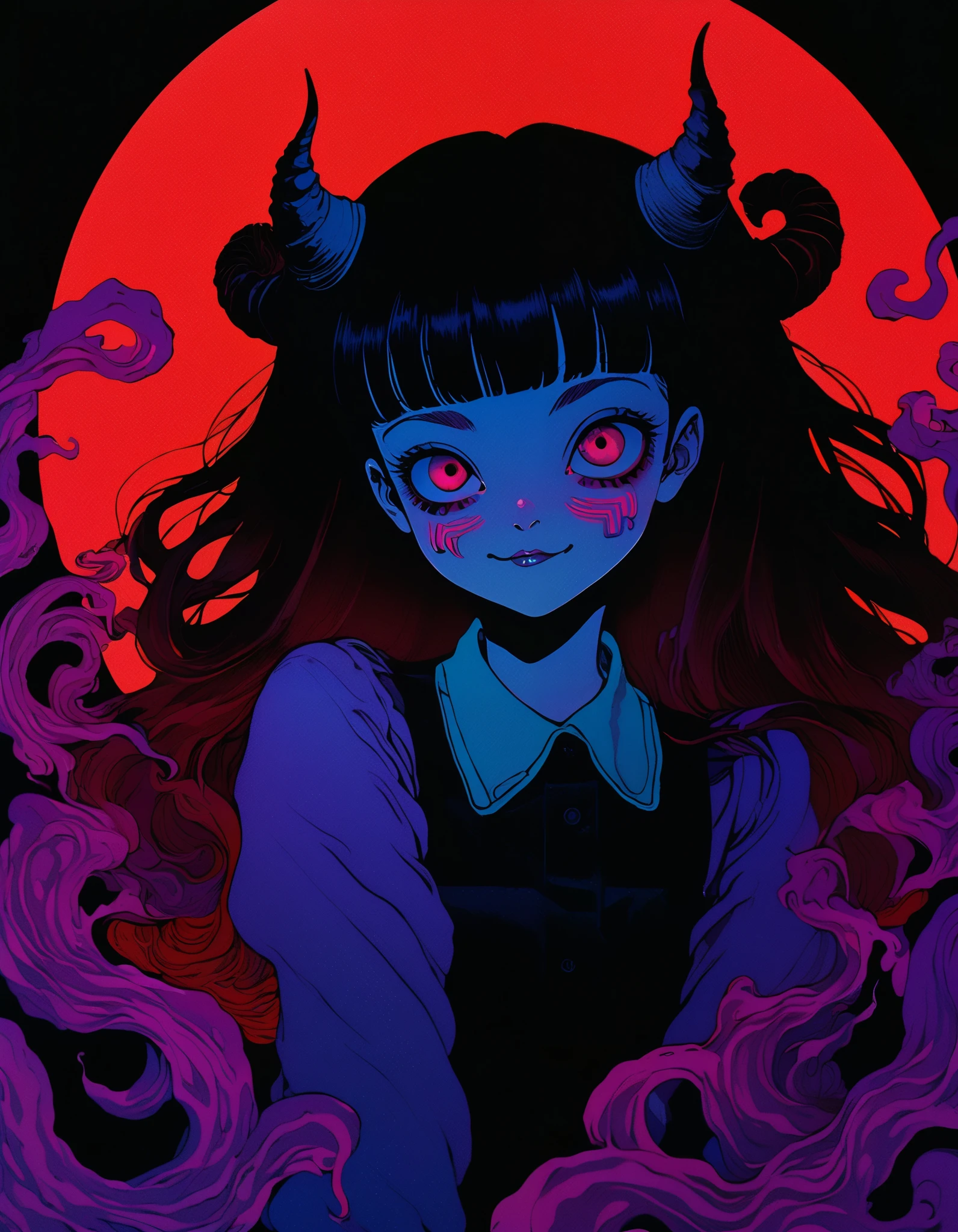 illustrate、until、 from 80s horror movie, Directed by Junji Ito、nightmare、inferno、devil、high detail, sombra realista、analog style, , 8mm films, chromatic aberration , Screenshot from the DVD 、Blue-purple and red-purple gradation、surrealism
