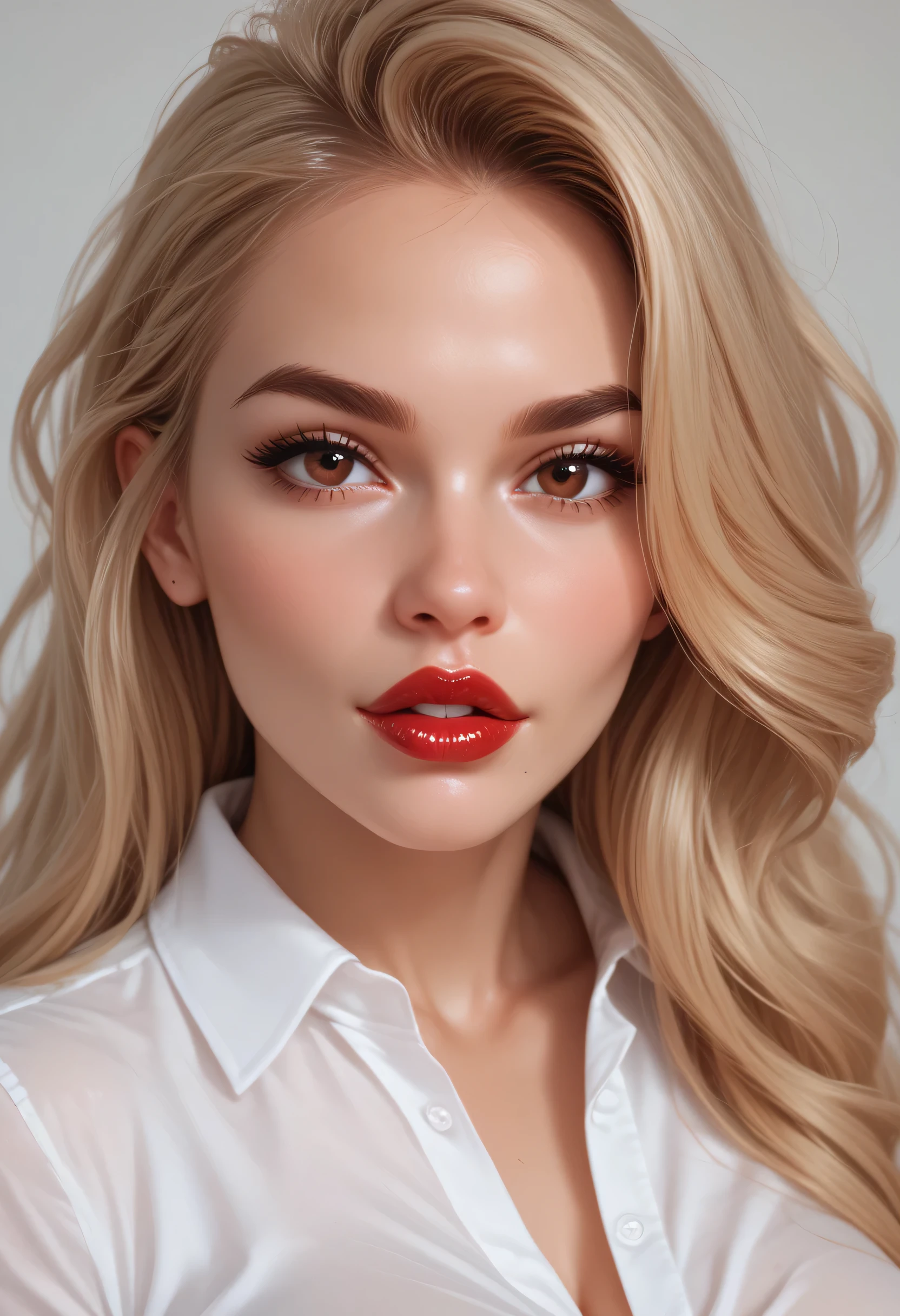 large hair, blonde hair, thin eyebrows, brown eyes, thick lips, red lips, female beautiful, face perfect, white shirt, large breasts, pov
