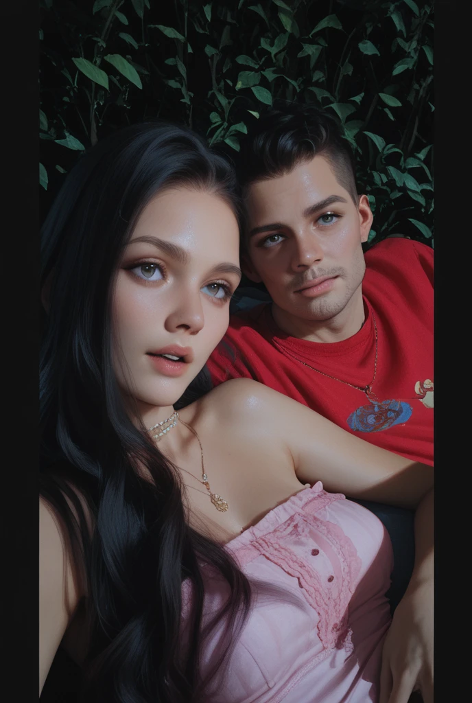 A Brazilian man with black eyes and a woman (Megan fox) blue-eyed, wearing elegant clothes, in Greece at night, Selfie, having a drink, boyfriends