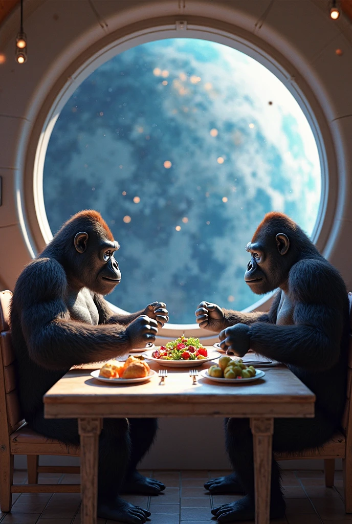 3D Animation、realistic, muscular gorillas、while enjoying the view of the Earth from a floating space station window、eat nutritious meals deliciously。Gorillas sit at the dining table、wear casual clothes instead of spacesuits。stars around them that make you feel the silence of space々The brilliance of、It depicts food floating in zero gravity。