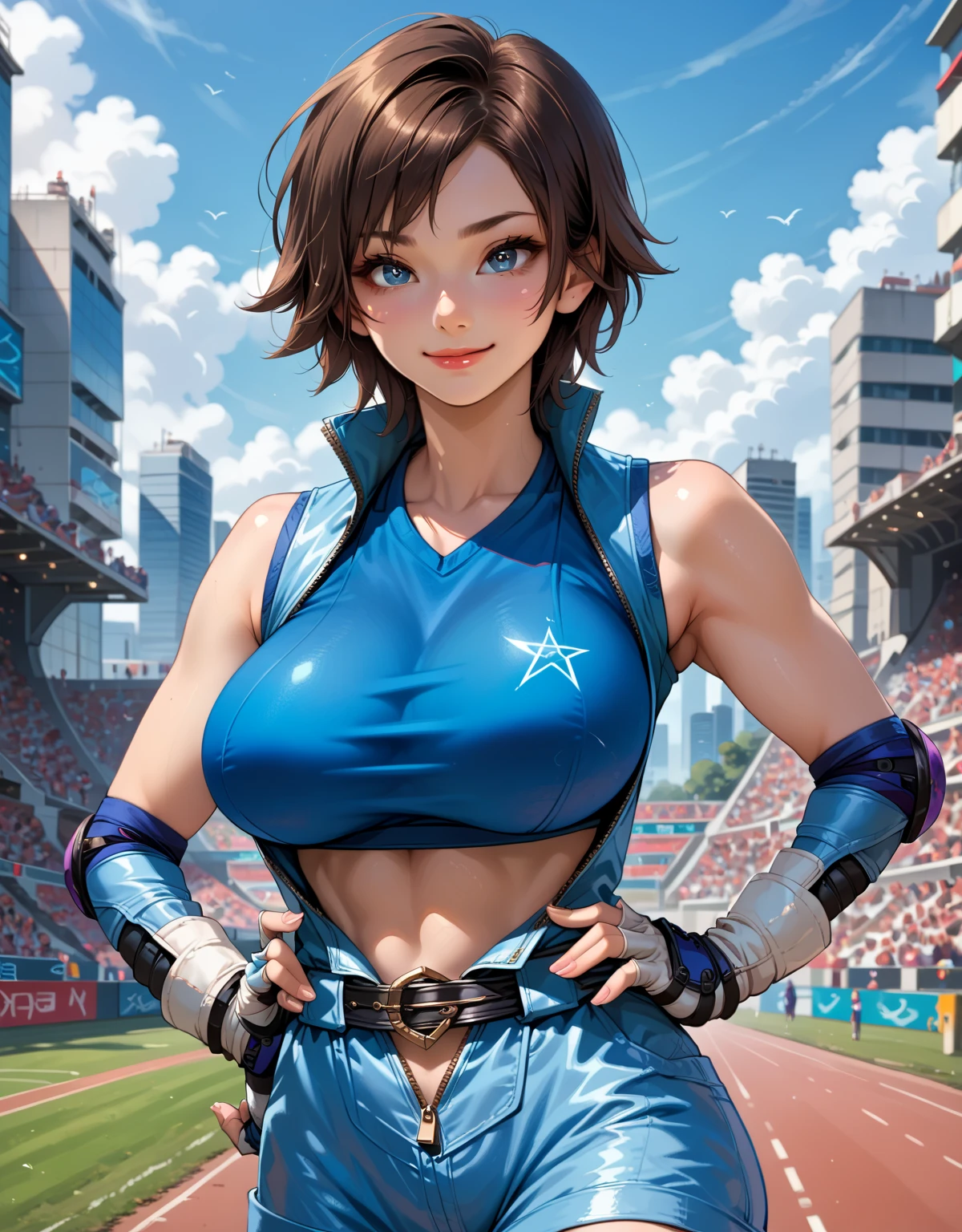 "(masterpiece、Premium Quality:1.2)、alone、1 girl(Asuka Kazama、Muscular woman、Short brown hair、White skin、Brown eyes)、Cowboy Shot、smile、Preparing for battle、Tight clothing、Great for sports、Crop top、Shorts、(gloves:1.1)、internal、Elbow pads、abdomen、Trained abdominal muscles、Trained biceps,Black underwear