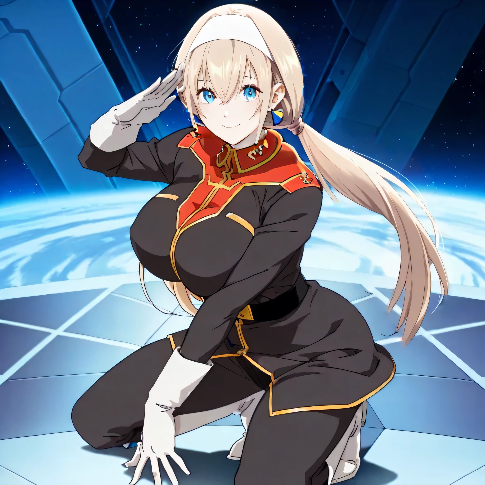 mitsuba greyvalley, blonde hair, long hair, low twintails, white hairband, blue eyes, single earrings, smile