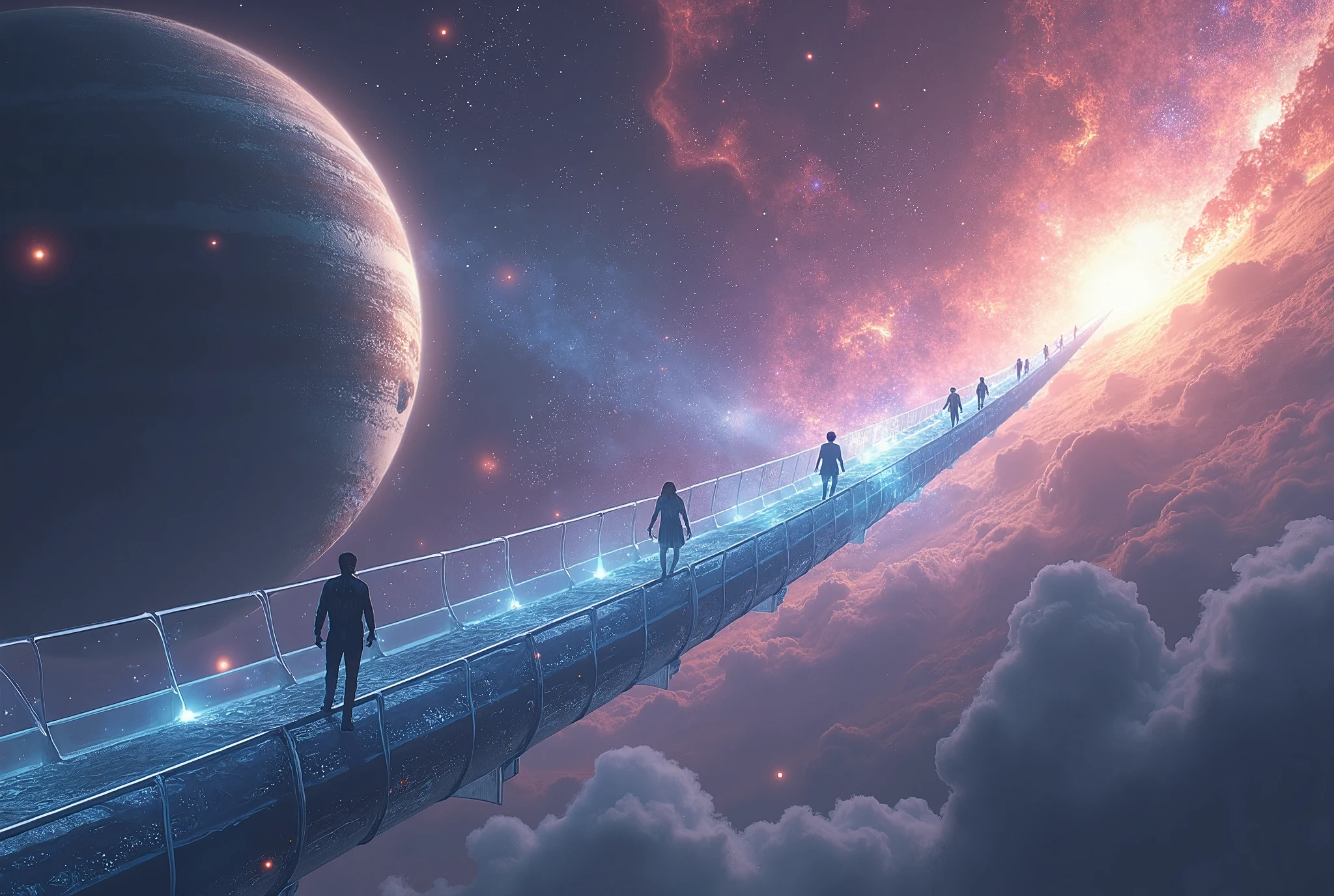 from above, ultra detailed, absolutely resolution, masterpiece, escalators between planets allow you to travel at super high speeds while still being able to see the scenery outside, two planets, a translucent cylindrical escalator, and moving people, background mysterious galaxy, magnificent view, space fantasy image