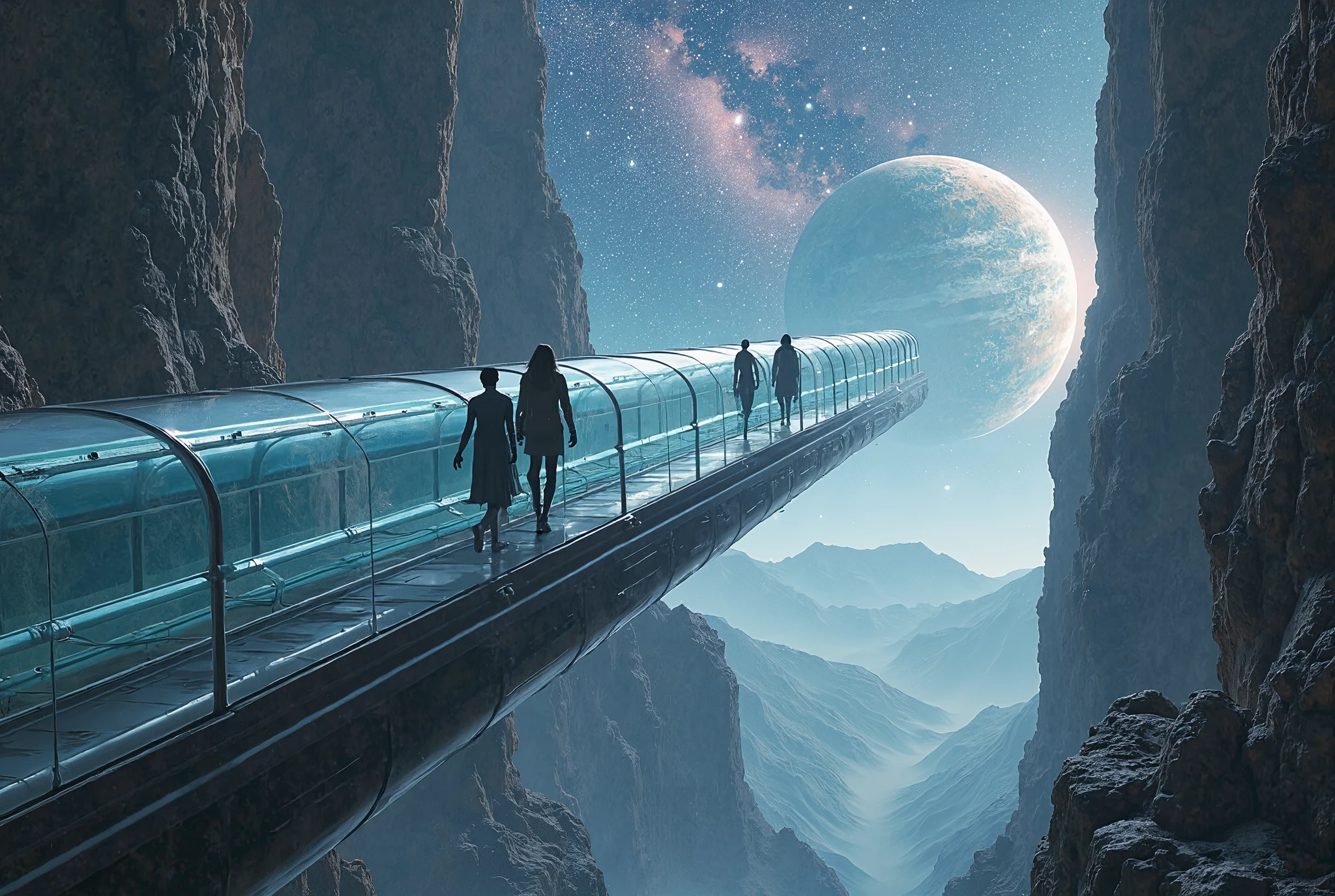 from above, ultra detailed, absolutely resolution, masterpiece, escalators between planets allow you to travel at super high speeds while still being able to see the scenery outside, two planets, a translucent cylindrical escalator, and moving people, background mysterious galaxy, magnificent view, space fantasy image