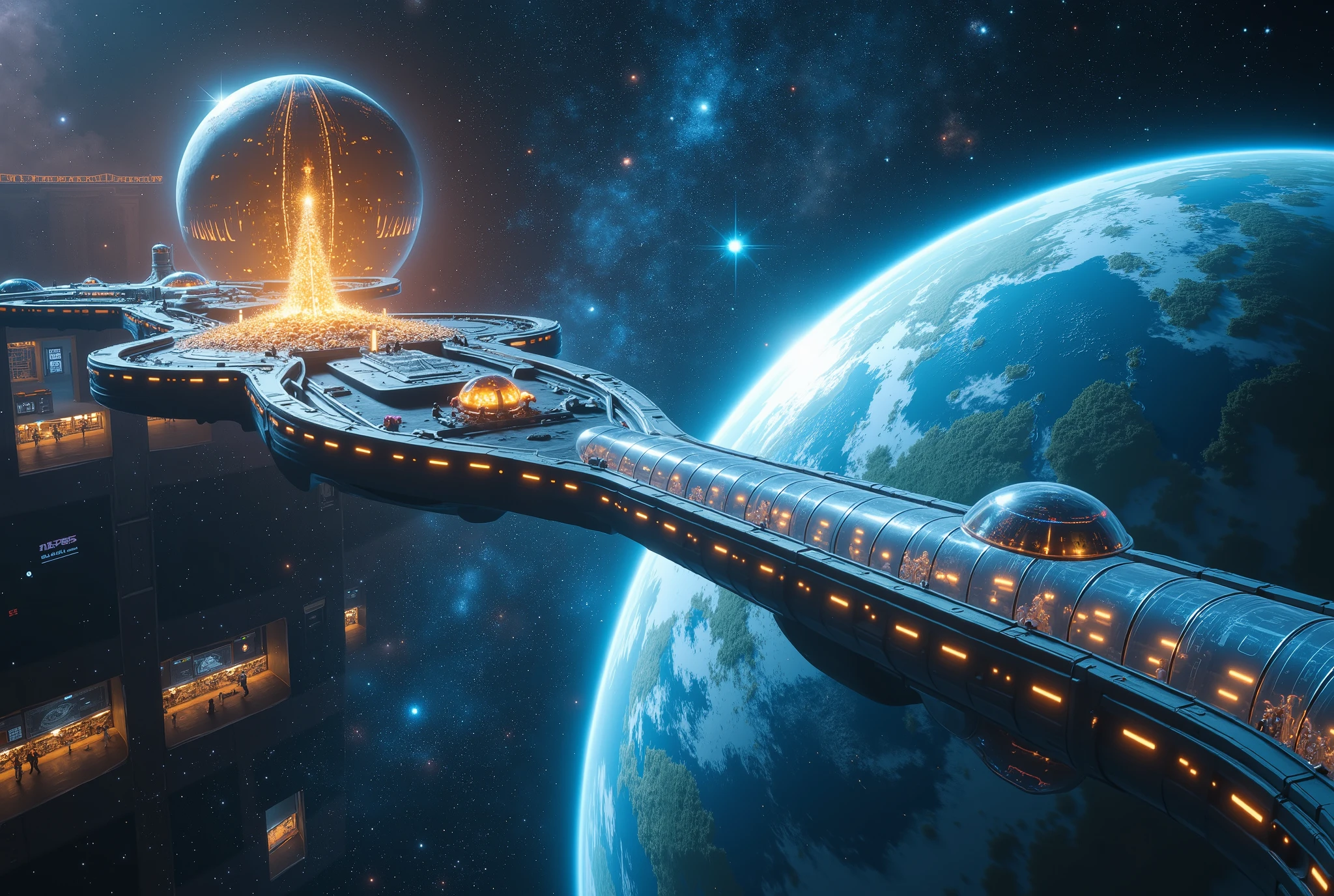 from above, ultra detailed, absolutely resolution, masterpiece, escalators between planets allow you to travel at super high speeds while still being able to see the scenery outside, two planets, a translucent cylindrical escalator, and moving people, background mysterious galaxy, magnificent view, space fantasy image