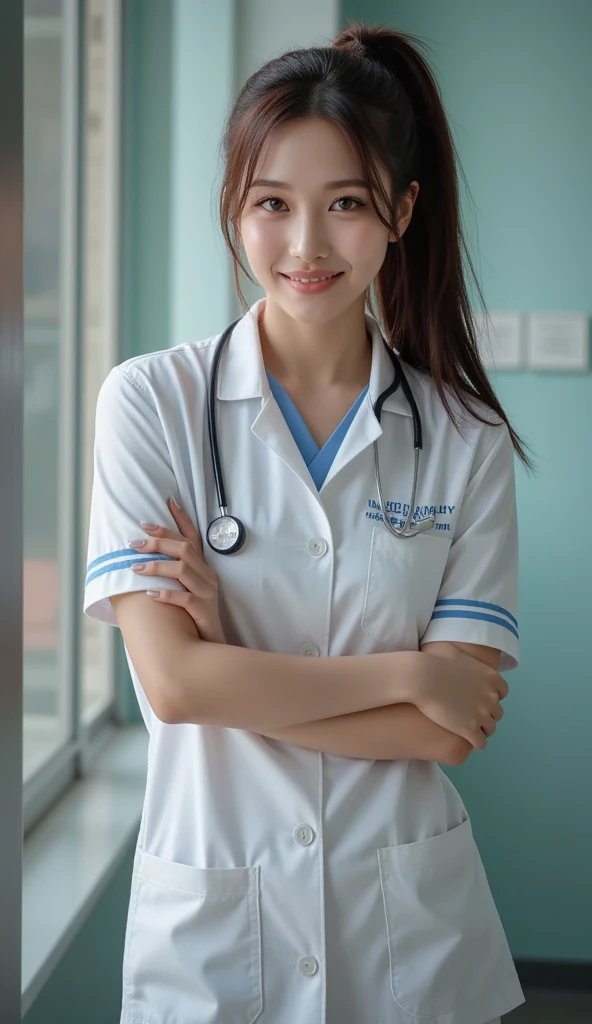 (Ulzzang-6500-v1.1, masterpiece, highest quality:1.3, ultra-detailed 8k:1.2, hyperrealistic:1.35, raw photo:1.2, highest quality, high resolution, wallpaper, realistic, dramatic, realistic painting art by midjourney:1.3, 1 nurse, 28yo, white nurse uniform, basic nurse cap, short white tight skirt:1.3, super beautiful, beautiful skin, dimples, beautiful and detailed eyes, detailed face, symmatrical face, perfect style, treatment room in a hospital room, cowboy_shot, ample bosom, very detailed face, stethoscope, double eyelid, snaggle-tooth, brown eyes, short ponytail hair, chest strengthening, emphasize body line, friendly smile, beautiful lips, glossy lips, white teeth, detailed background of the hospital room, perfect lighting, natural soft light)