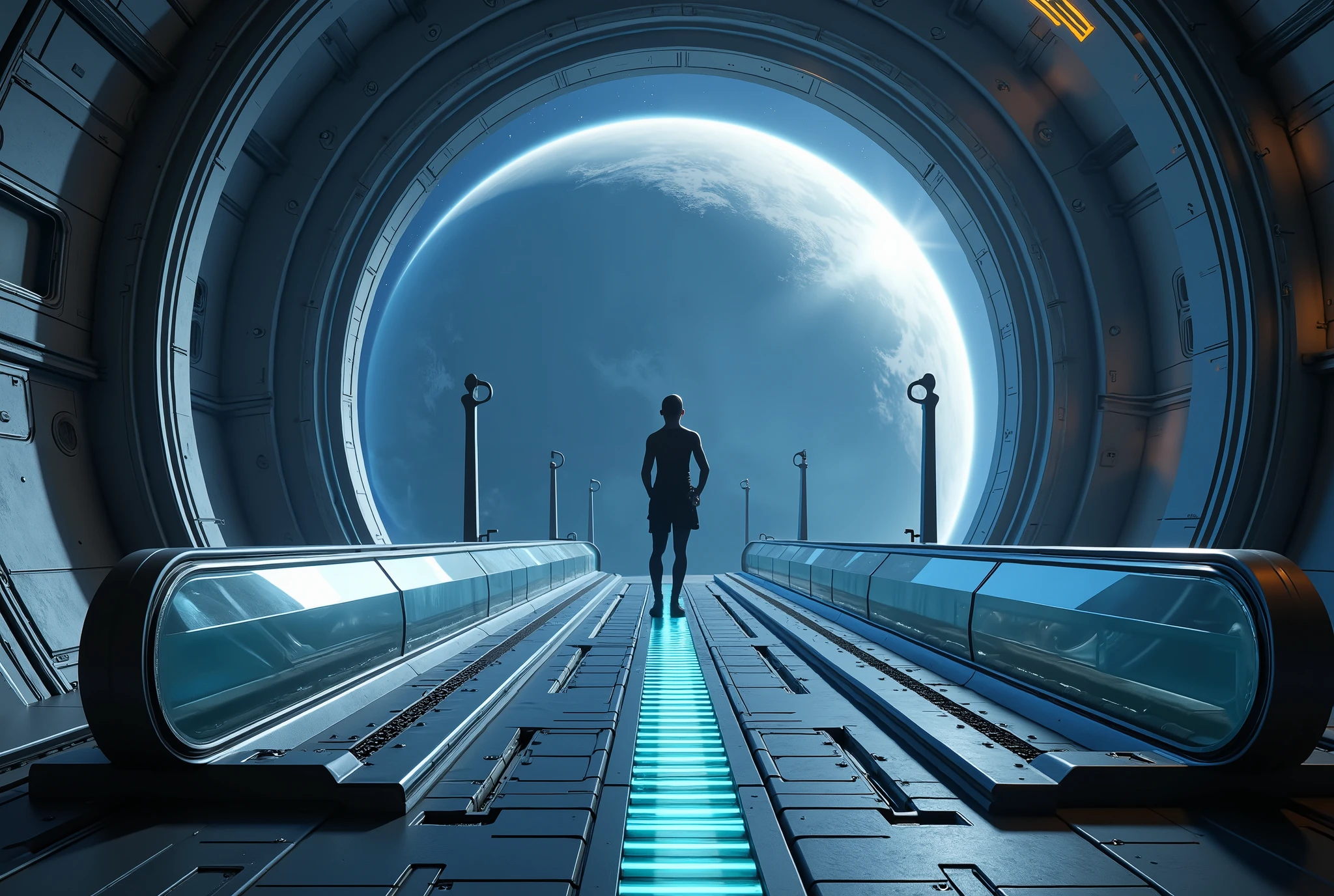 from above, ultra detailed, absolutely resolution, masterpiece, escalators between planets allow you to travel at super high speeds while still being able to see the scenery outside, two planets, a translucent cylindrical escalator, and moving people, background mysterious galaxy, magnificent view, space fantasy image