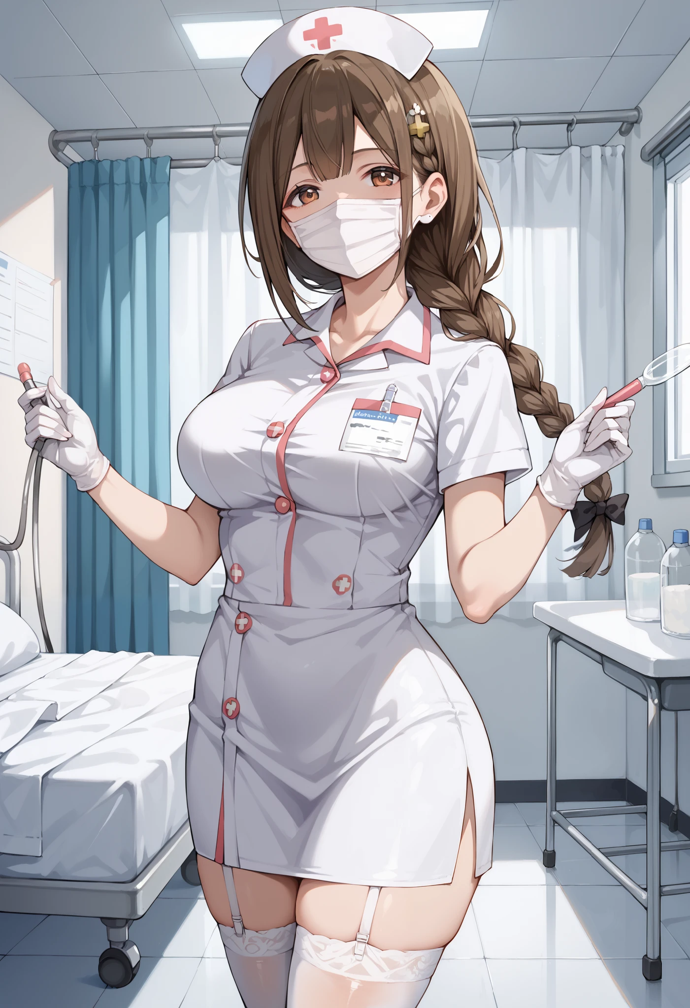 Score_9, score_8_up, score_7_up, source_anime, kuwayama chiyuki, solo, large breasts, single braid, brown hair, brown eyes, (best quality), (high quality), {masterpiece}, extremely delicate and beautiful, ultra-detailed, beautiful detailed eyes, nurse, nurse hat, ((white nurse's outfit)), white gloves, white thighhighs, hospital room, ((white mask, mouth mask, covered nose)), standing