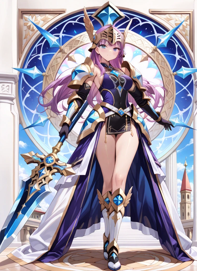 1girl, solo, solo focus, tall figure, (long hair, purple hair). She wears a white leotard, combined with black line elements. She wears a white hair ornament and carries an extremely large golden sword. bare legs, white boots, full body, medium breasts, holding weapon, holding sword