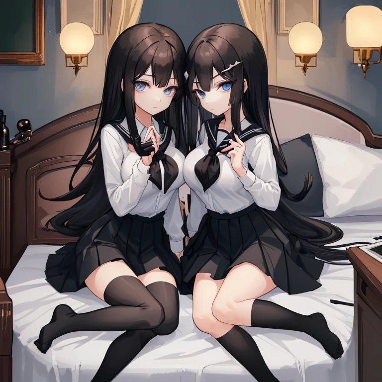 wide shot, ((masterpiece, best quality ,detailed)), 8k, big breast, 14 years old, black blazer, (mini skirt:1.5), girl, black hair,(flipping skirt:1.5), (showing white underwear:1.3), cold lighting, (multiple girls laying on bed:1.5),(multiple girls:2.0), scenery, perspective