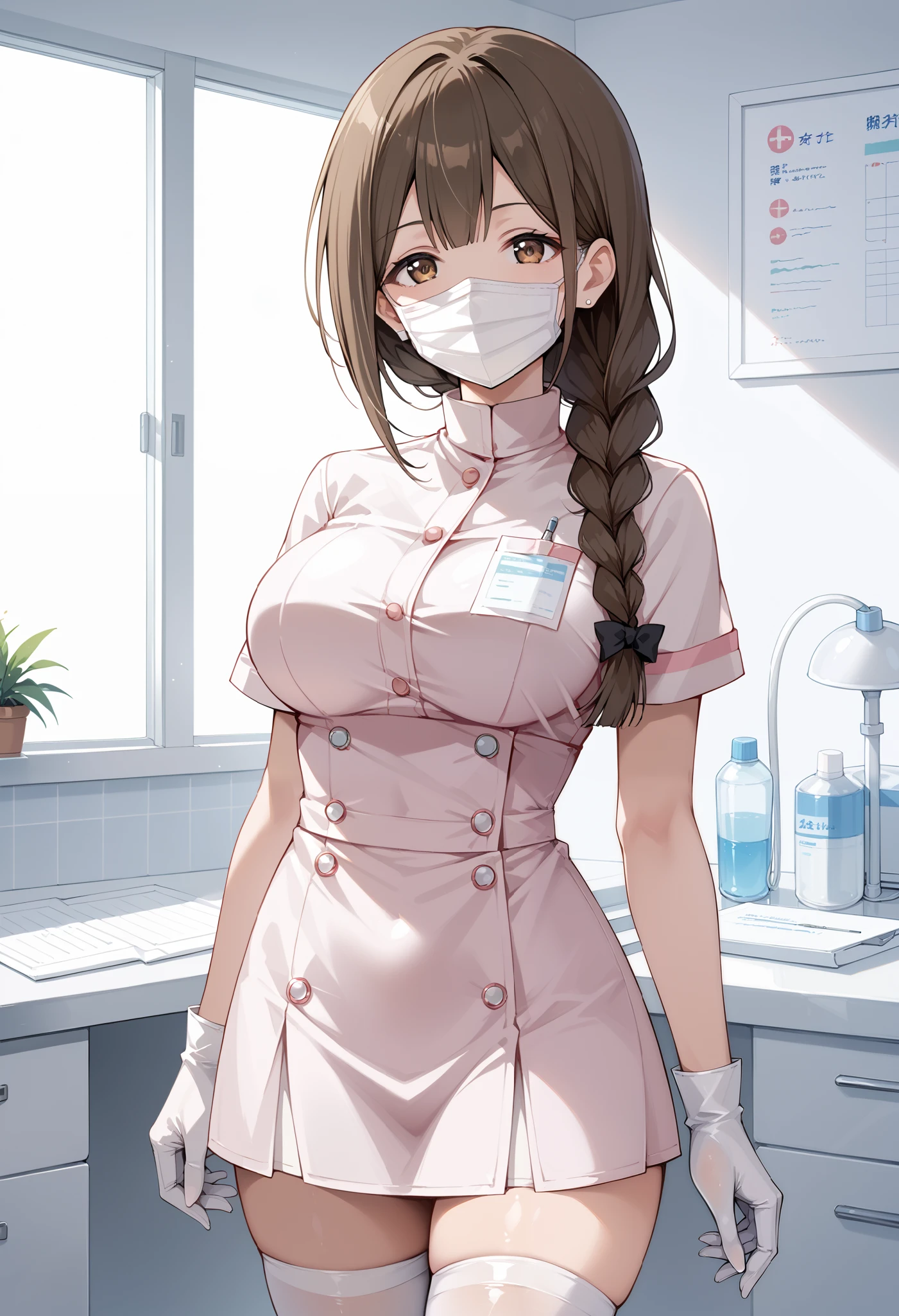 Score_9, score_8_up, score_7_up, source_anime, kuwayama chiyuki, solo, large breasts, single braid, brown hair, brown eyes, (best quality), (high quality), {masterpiece}, extremely delicate and beautiful, ultra-detailed, beautiful detailed eyes, dental hygienist, pink medical scrub, short sleeves, high collar, white latex gloves, white thighhighs, Dentist 0ff1c3, ((white mask, mouth mask, covered nose)), standing