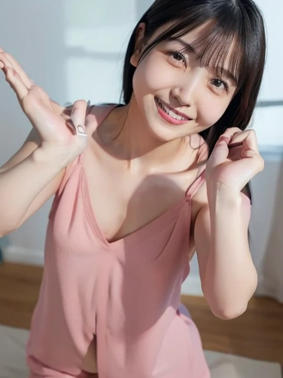 Best Quality, 1 beautiful Japanese woman, in cozy pajamas, (captures a mid-action selfie:1.5), during a playful pillow fight, alone or with a friend. She has a wide, genuine laugh, with feathers slightly visible in the air around her. The camera angle is slightly tilted, adding dynamic movement to the shot, showcasing the fun and spontaneity of the moment against the backdrop of her disheveled bed and pillows