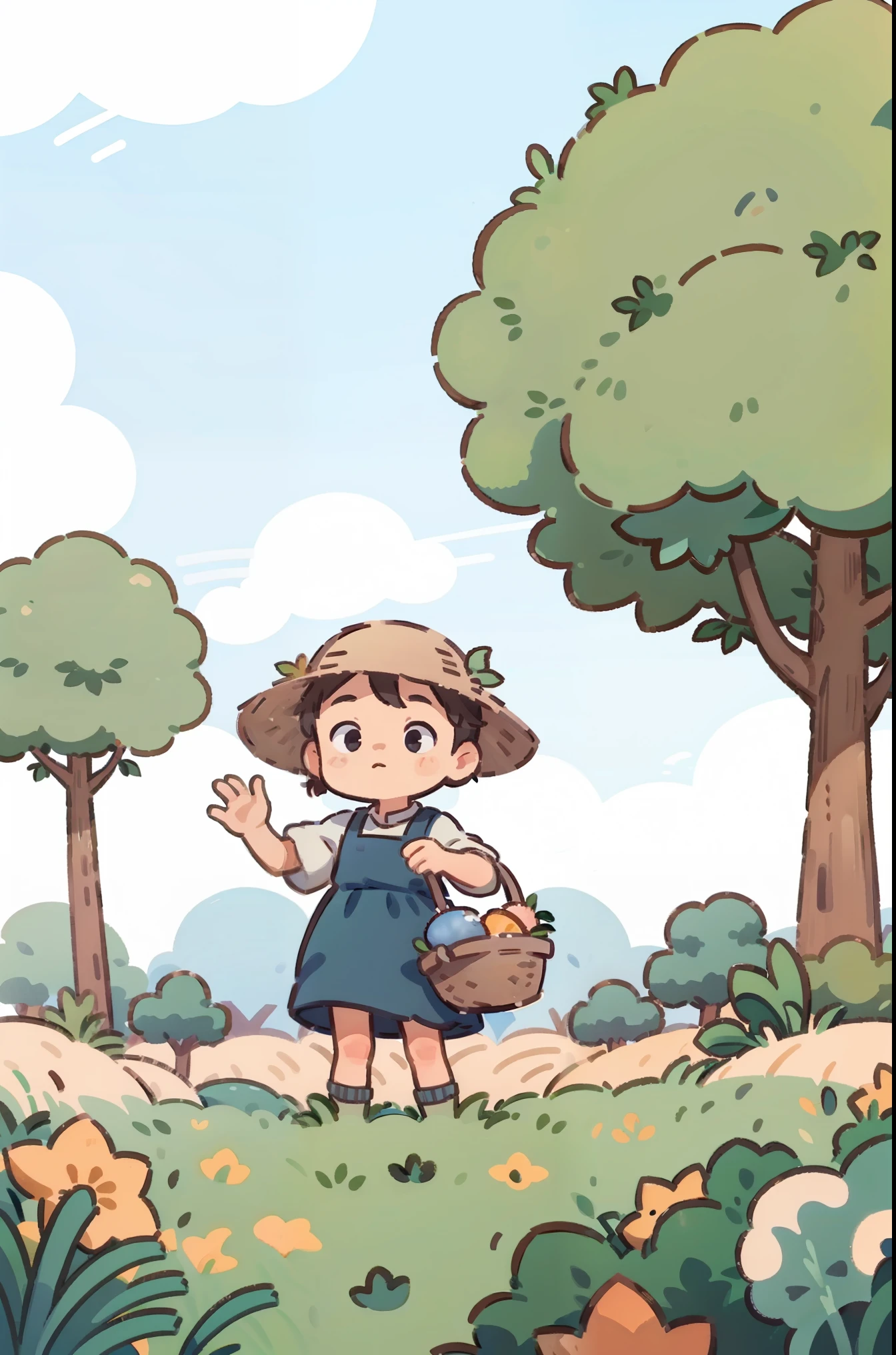 concentric,A girl is in a field,Holding the basket with one hand,The other hand waved in the air to say hello,1 garota,outono,campo,campo de flores,Grama,natureza,Fora,Sozinho,arroz,Ripe arroz,colheita,tema amarelo. fundo bonito,bichu,oil painting,Impressionismo,