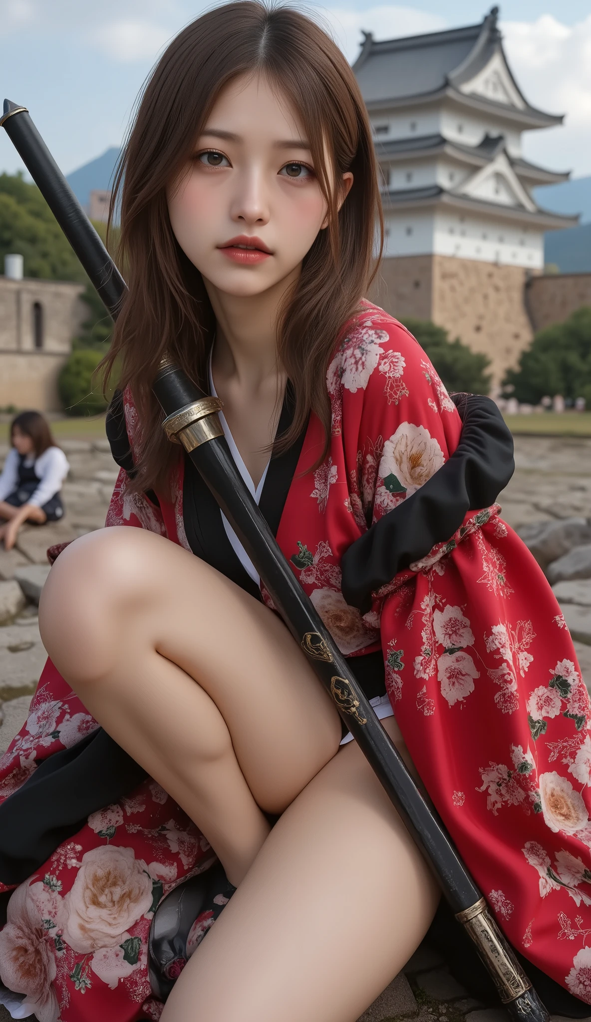 Japanese red and black kimono、band、loose kimono、Female samurai holding a Japanese sword, full body photo shoot , Completely-Blowed , Detailed Faces , long black straight hair showing off beautiful slender legs:1.2、very large breasts、Show off your slender, beautiful legs、 pale skin , castle background、squatting