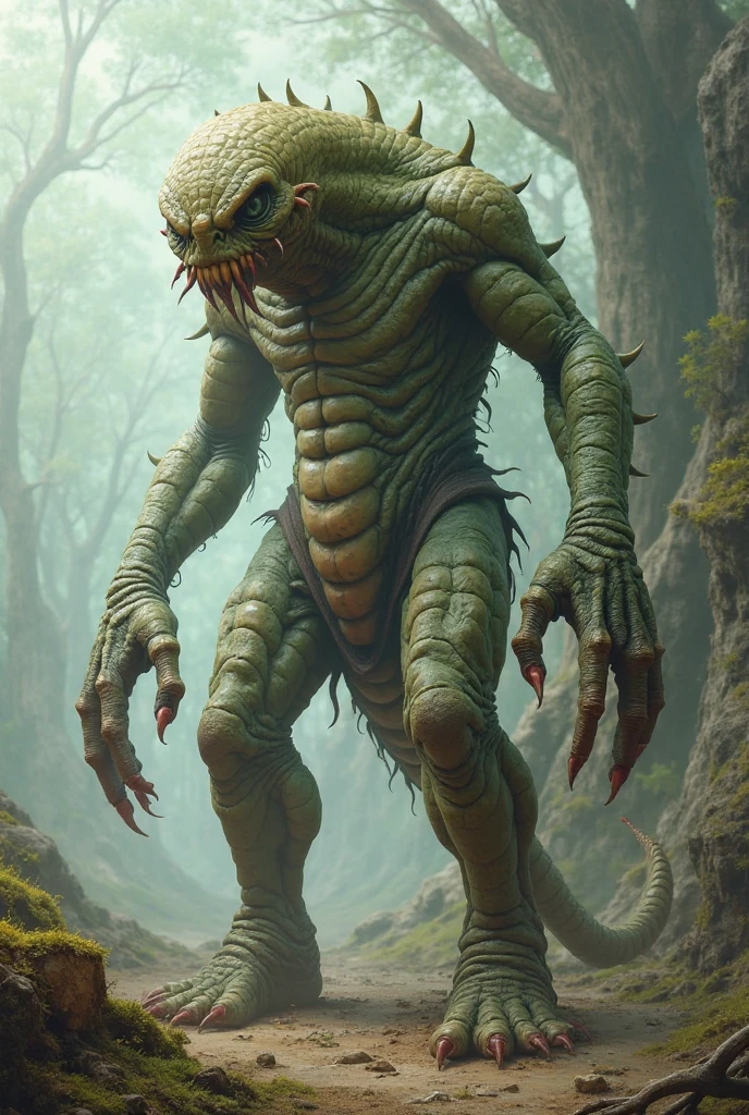  enormous monster with tentacles of meat and horns of goat, eyes on fire, deformed body, disfigured head, mutated limds, dirty fur, disgusting, wrong anatomy, shapeless, distorted, foggy forest, creepy atmosphere, horror ambient, alien