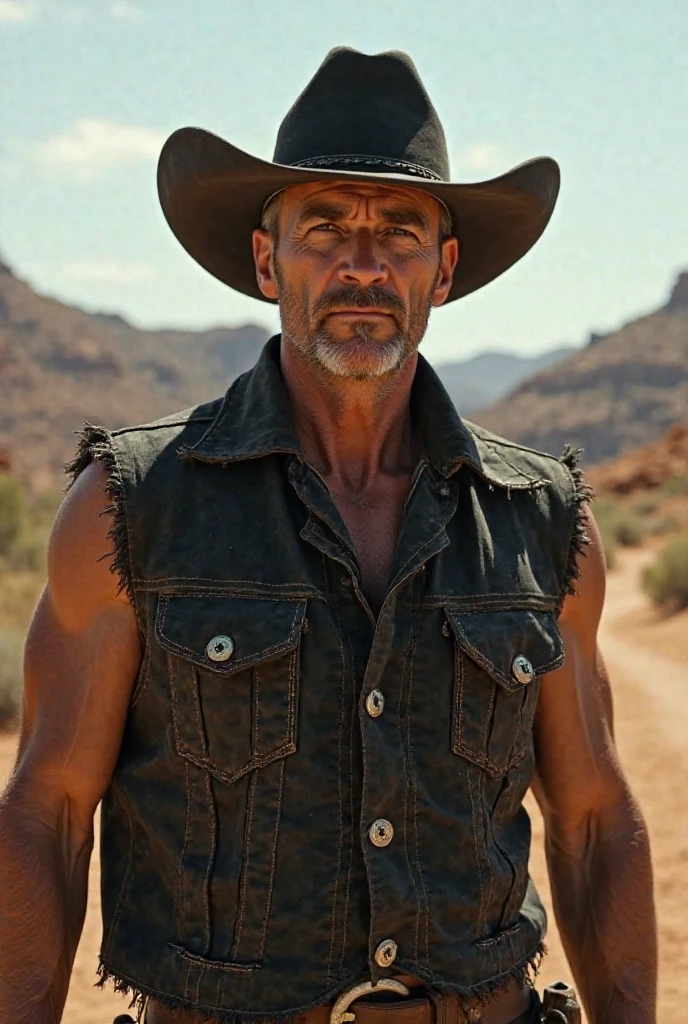 (best quality, masterpiece, highest detailed), (photorealistic:1.2), (detailed light:1.2), (Realistic skin texture:1.4), raw photo, Cowboy shot, Cleen Eastwood, old cowboy, tire gray beard, shabby cowboy jacket , old black T-shirt, old jeans, on the ranch, looking at the viewer, evening, sunset
