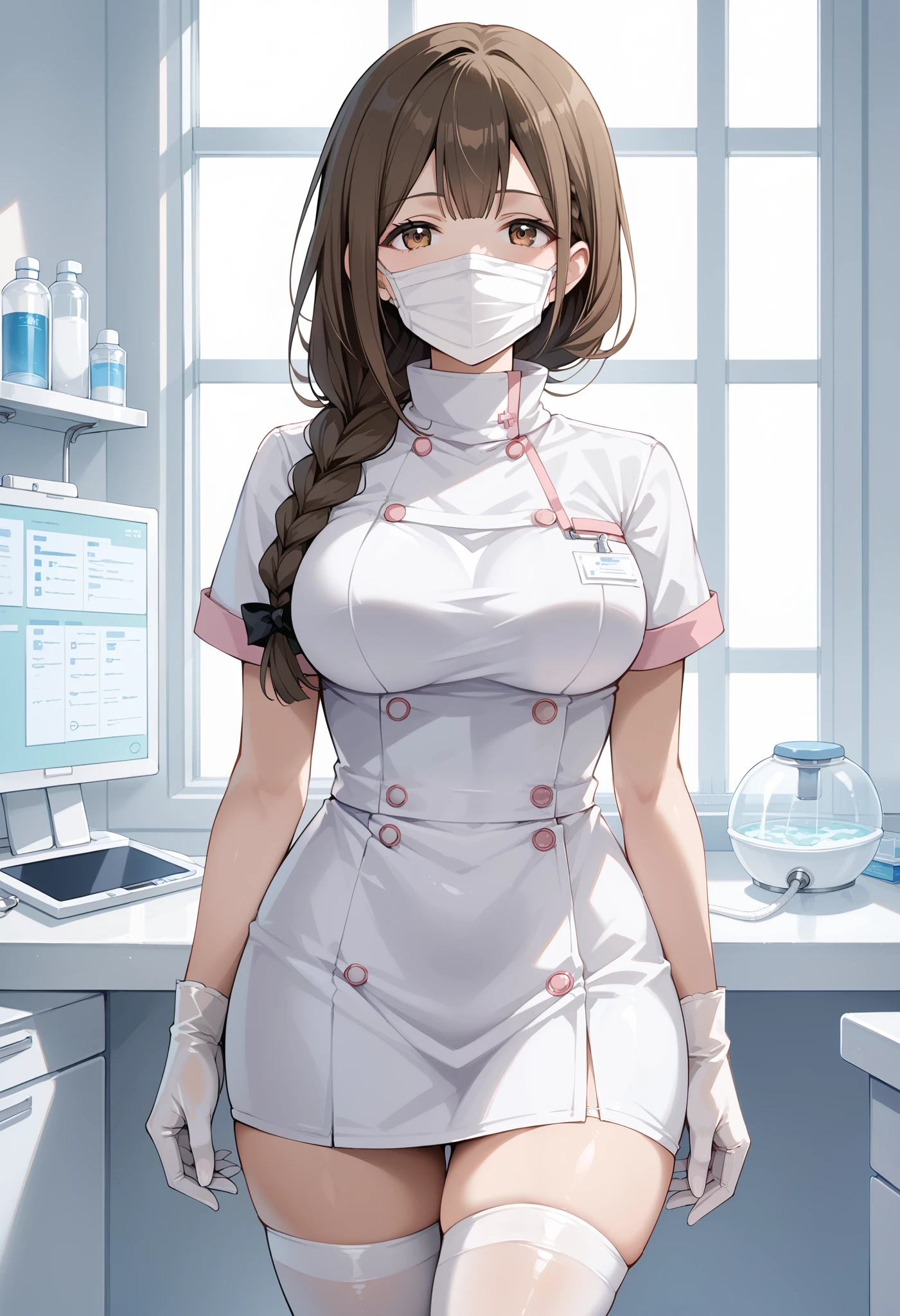 Score_9, score_8_up, score_7_up, source_anime, kuwayama chiyuki, solo, large breasts, single braid, brown hair, brown eyes, (best quality), (high quality), {masterpiece}, extremely delicate and beautiful, ultra-detailed, beautiful detailed eyes, dental hygienist, pink medical scrub, short sleeves, high collar, white latex gloves, white thighhighs, Dentist 0ff1c3, ((white mask, mouth mask, covered nose)), standing