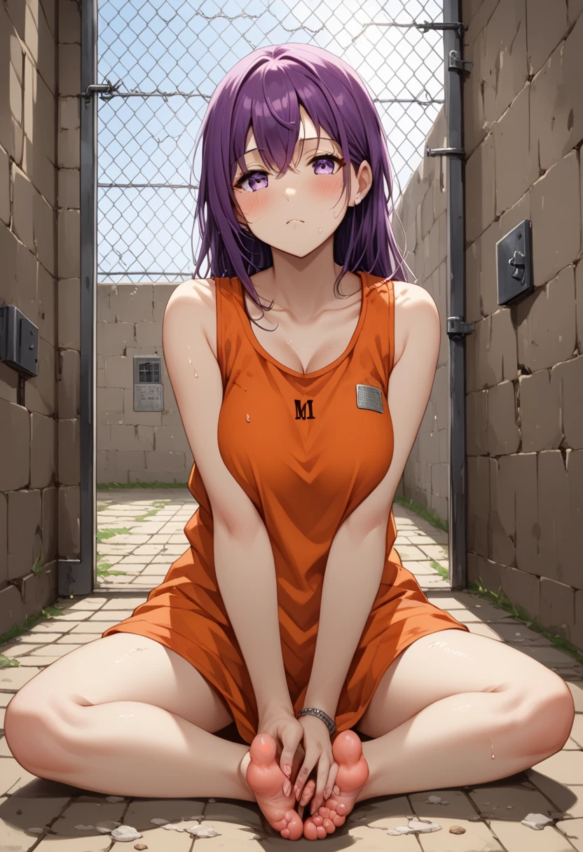 ((Mejor calidad)), ((obra maestra)), (detallado), cara perfecta, Yuri (character ddlc), ddlc, doki doki literature club, purple hair, long hair, purple eyes, purple hair clip, big breasts, naked, collar, slave, leash, public, squirting, embarrased, sad, fully naked, all fours, school hallway, cum, white bow, gangbang, rape, piss, peeing, pissing