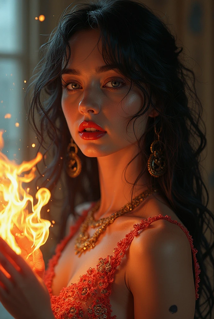 Best quality,masterpiece,ultra high res,(photorealistic:1.4)1girl,beautiful_face,detailed skin,full body,yuhuoshu,jewelry,solo,earrings,(fire:1.3),blurry,realistic,lips,