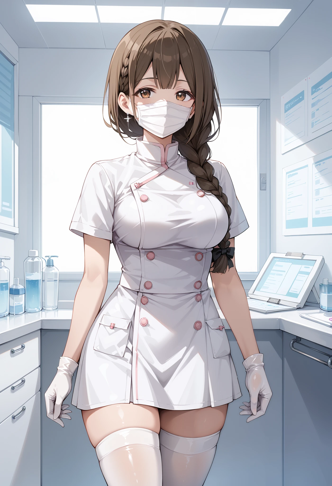 Score_9, score_8_up, score_7_up, source_anime, kuwayama chiyuki, solo, large breasts, single braid, brown hair, brown eyes, (best quality), (high quality), {masterpiece}, extremely delicate and beautiful, ultra-detailed, beautiful detailed eyes, dental hygienist, pink medical scrub, short sleeves, high collar, white latex gloves, white thighhighs, Dentist 0ff1c3, ((white mask, mouth mask, covered nose)), standing