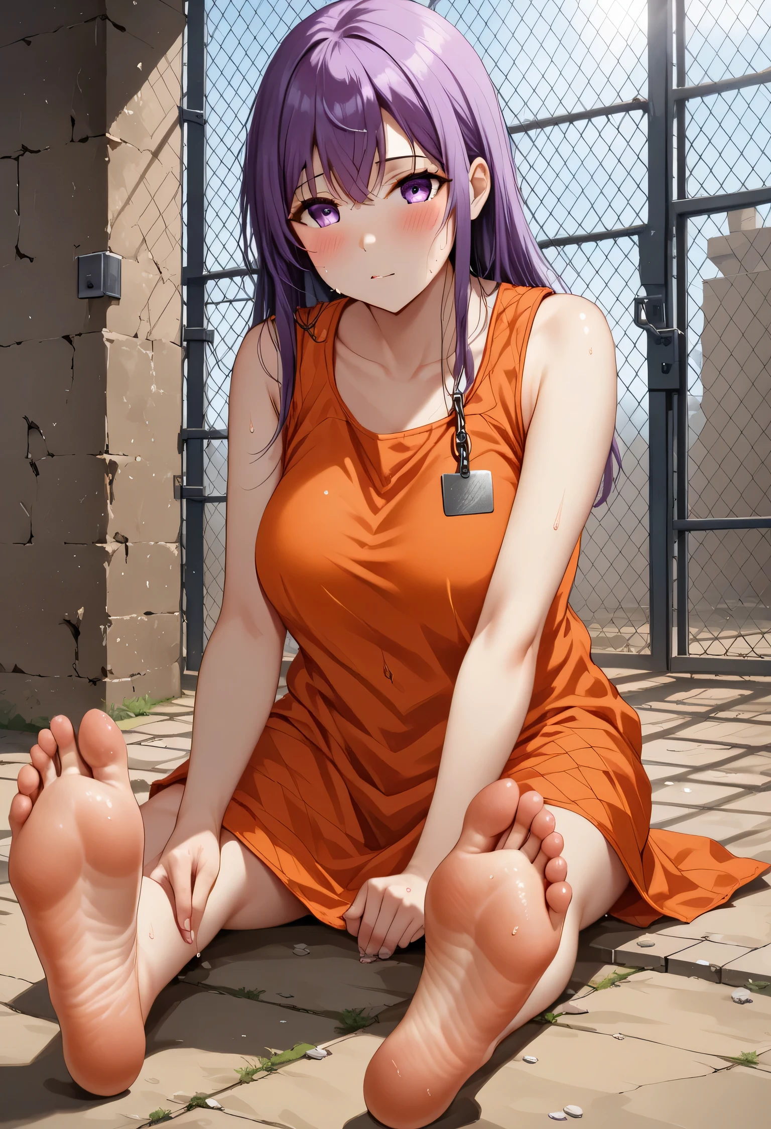 sakura matou, a girl, white skin, voluptuous body, beautiful body, violet hair, (long hair, loose and messy), purple eyes, (((wearing a short, sleeveless orange maximum security prison inmate dress with the identification number: inmate: M13195 engraved on the chest))), ((recreation yard of the maximum security prison fenced with large walls with barbed wire and watchtowers in a dirty, old condition and with an unpaved floor))), (((sitting on the floor. facing forward with her legs stretched forward, raised and separated focusing on her feet and the soles and toes))), (full body), (barefoot), (resigned mood), (tense and hot atmosphere), sunny day, (heat), ((dirty)), ((sweating)), (gloomy and depressing place)