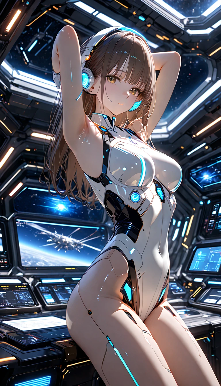 (Foto de cuerpo entero:2), (Uno/Mujer/mechanic:1.8), (senos extremadamente grandes:1.8), (The whole mechanical body:2), (with bionic armor:1.5), blanco con engranajes negros, (She's inside a spaceship near the window looking at outer space..:1.5), (Tiene el pelo lacio morado muy corto:1.2), (ojos azules:1.2), (Gimiendo:1.5), (sonrojarse:1.5), (is doing sensual standing poses for the viewer:1.5),    Anime style, anime, 16k, alta calidad, piel texturizada, UHD, Premiado