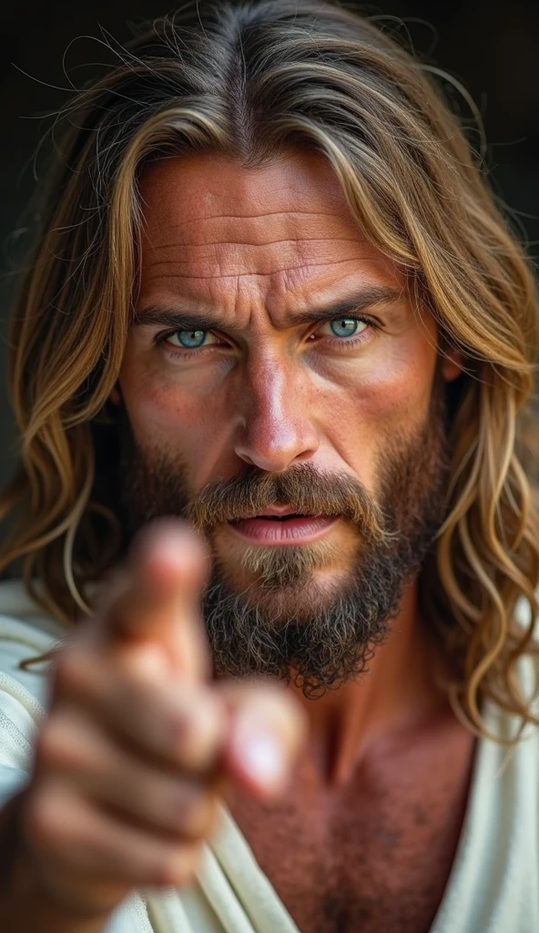 "Create an image of an old man with the appearance of Jesus Christ, with short hair, barba, and a serious expression. He must have his arm raised pointing his finger directly at the camera. Use natural and soft tones, focusing on the face and pointing hand to create a deep emotional impact.