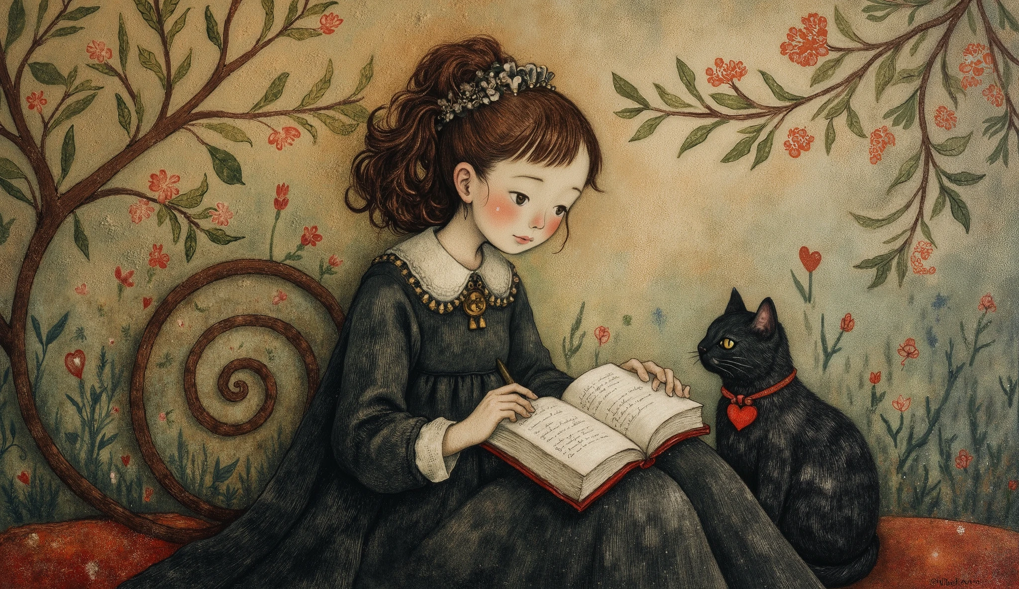 painting of a woman reading a book with a cat sitting next to her, whimsical art, story book art , woman and cat, beautiful and intricate painting, Fairy tale of witch, intricate fantasy painting , magical realism and dark fantasy, dreamy art, whimsical surrealism, arte bonita, hauntingly arte bonita, beautiful intricate painting, unique and intricate painting, fairy tale painting, beautiful fairy from adult books . woman with curly hair stylized in an intricate hairstyle adorned with an intricate hairstyle A large ornate wig is sitting elegantly while reading a book. She's wearing a long, black dress detailed with decorative collar and elaborate ornaments. Her pose is relaxed and elegant , creating a serene and introspective atmosphere. She is accompanied by a black cat with a red heart-shaped tag, Sitting next to her . The ornate background features spiral designs, studded accents, and a branch with stylized leaves and flowers, highlighting the magical and flamboyant feel of the image. The lighting emits a warm glow , highlighting the rich textures and intricate details of the artwork.