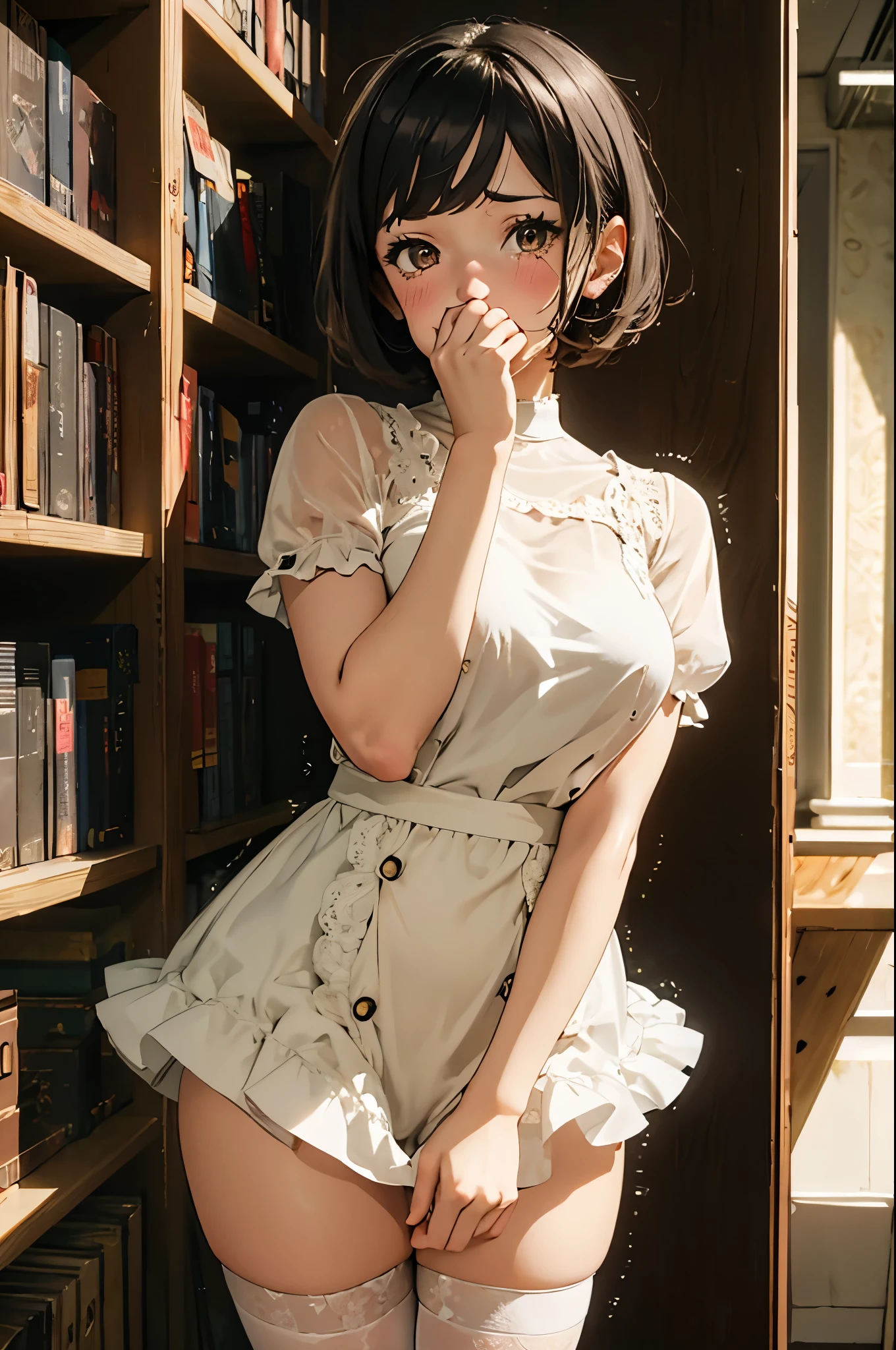 1girl, standing, skirt tug, covering own mouth, looking at viewer, cowboy shot, 
BREAK girl, 22yo, short hair, bob cut, ear, (blunt bangs), black hair, (tareme:1.2), detailed cute brown eyes, curled eyelashes, (large breasts:0.8), 
beautiful eyes, detailed eyes, beautiful face, 
white one-piece dress, cute clothes, mini skirt, zettai ryouiki, thighs, vibrator in thighhighs, pussy juice trail, trembling,
embarrassed, frown, tearful, sweat,
library, dark room, light and shadow,
masterpiece, best quality, amazing quality, very aesthetic, absurdres, newest, (realistic), super detailed, extremely detailed, nsfw, explicit