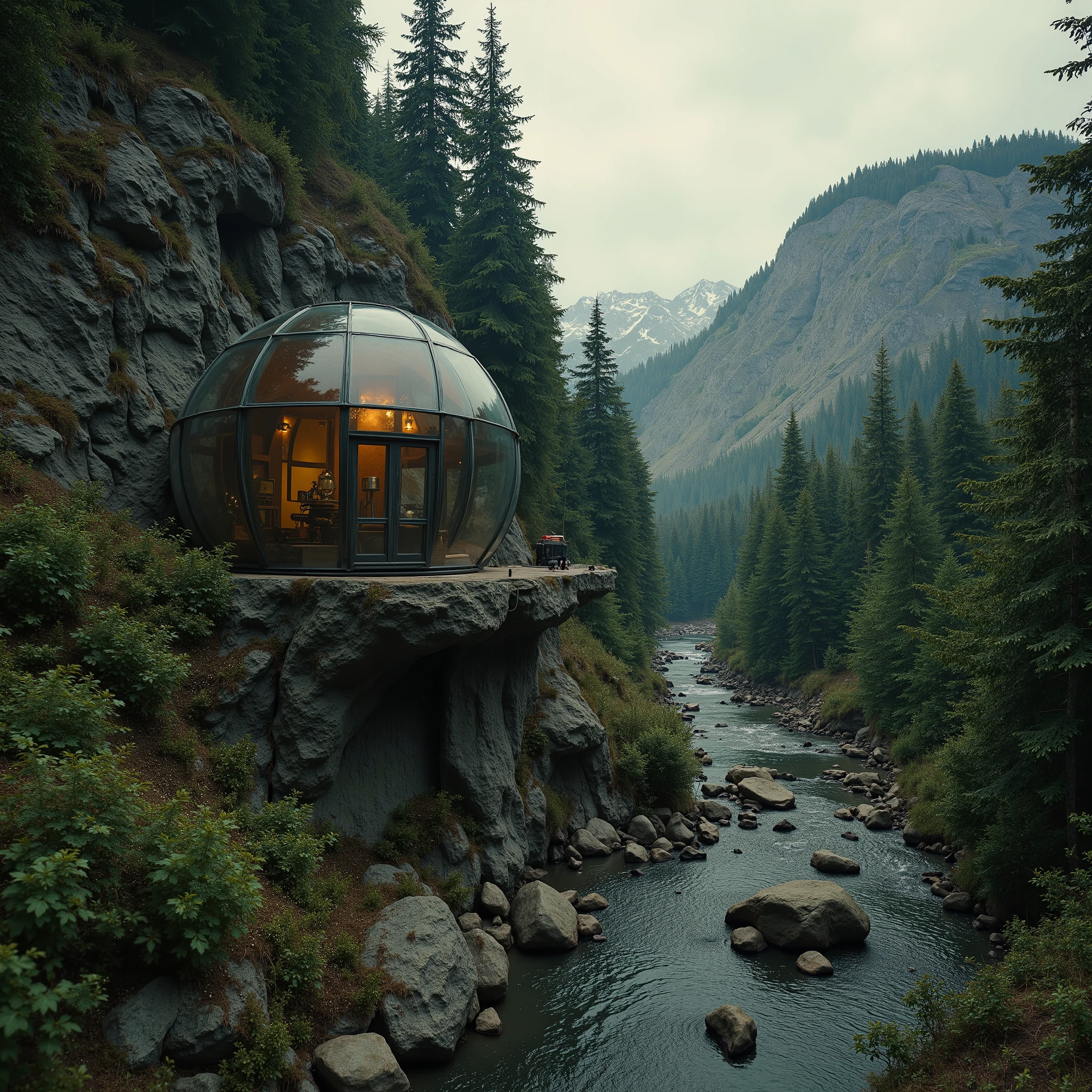 The Forgotten Biome: Post-Humanity’s Glass Prison, Awe inspiring Avant-Garde Brutalist future anti-architecture, Spectacular grand design homes in bizarre, complex and breathtaking environments. (Pure imagination meets gritty dystopian surrealism and immersive sci-fi escapism). Located high up in the Vancouver Forests and gigantic mountains, BC, up there meticulously built into a the mountain is a mysterious glass orb mountain retreat and unexplained home POD, the home inside the mountain, machine bored and on its exterior—a huge spherical glass orb bay window, the huge glass spherical panoramic window also acts as a magnificent viewing bay window for gazing at the “vivid dusty and dusky surreal sci-fi sunsets and vast immersive horizons”, a truly epic cinematic composition, dramatic scale, golden ratio, poetic symmetry, (intricate industrial raw galvanised steel and glass design, split level, interior is dark avant garde Japanese-Scandinavian raw minimalism with a cantilevered floating staircase), (Intelligent avant garde dystopian architecture meets disruptive and darkly progressive post singularity design), playfully unnerving, gritty and shrouded in mystique, capture that gritty sense of acrophobia present in the scene, paradoxical architecture, beautifully bizarre builds (Moody, atmospheric 3D photorealism, (impressive construction, spacial and structural integrity for maximum escapism. Awe inspiring drone cinematography by Mikko Lagerstedt, Greig Fraser & Johnny FPV, (gravity defying angles and acrophobic views), Its a high top right-front side angle shot, showing a gritty dreamlike sunset, early evening, capture the cerebral dread in the scene with a harrowing overtone, retro futuristic brutalist gravity defying architecture style references), (gritty post-apocalypse tropes). futuristic fantasy living, (post apocalyptic Minimalism), (immersive and surreal science fiction landscapes inspired by Simon Stålenhag, immersive and imaginative worlds.