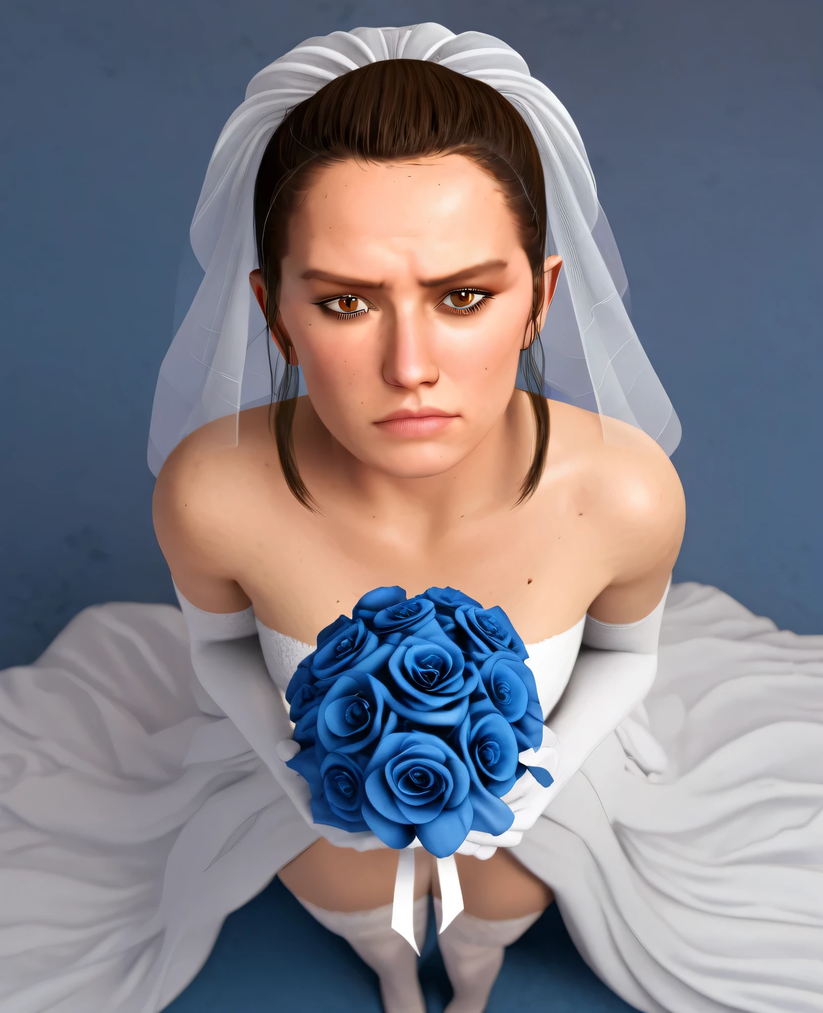 Rey brown hair, King Skywalker , long brown hair with straight bangs on the forehead, brown eyes, Annoying, frown, looks at the spectator, wearing a beautiful wedding dress with neckline, white wedding gloves, *holding a bouquet of blue flowers*, big , wedding lingerie , wedding veil, elbow gloves,thigh-length stockings, freckles on the chest, facial makeup , Alone, wedding altar background, perspective from above, to throw, full body, Finely Detailed Face, eyes detailed, *pov espectador acariciandole la mejilla*