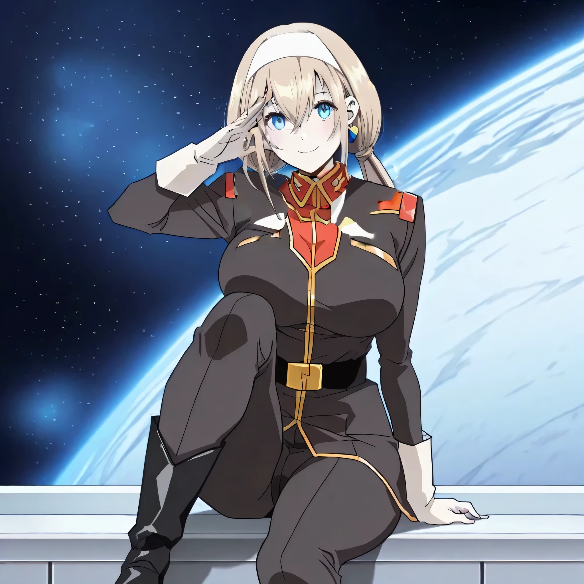mitsuba greyvalley, blonde hair, long hair, low twintails, white hairband, blue eyes, single earrings,
