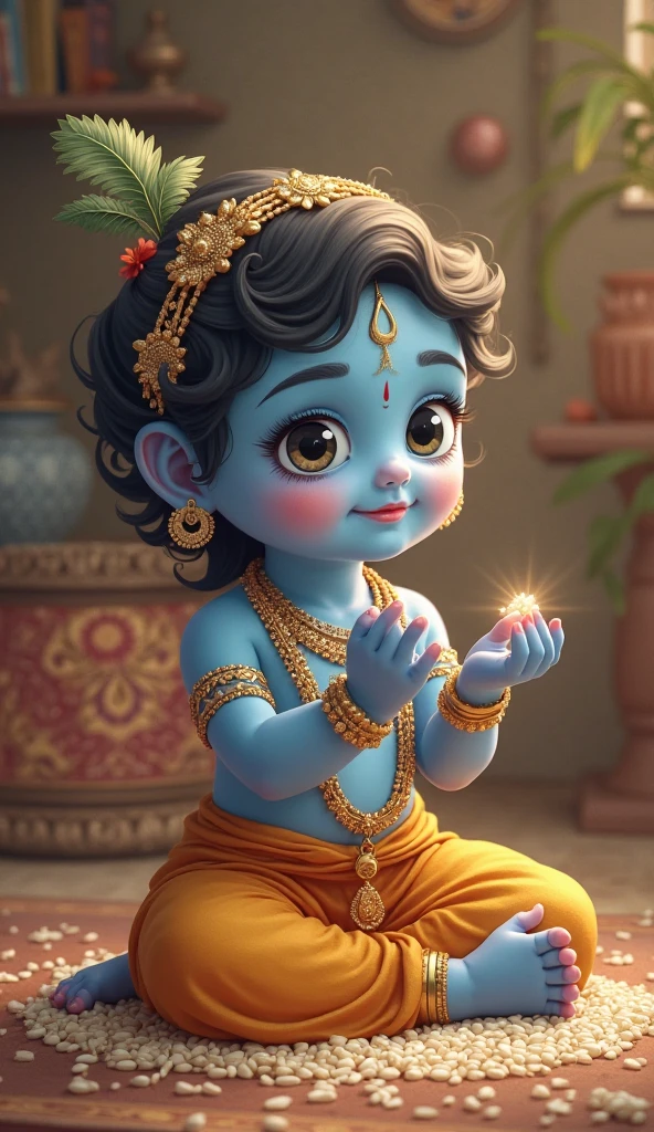 Very cute baby littile krishna of blue body colour cutting a cake on his birthday party
