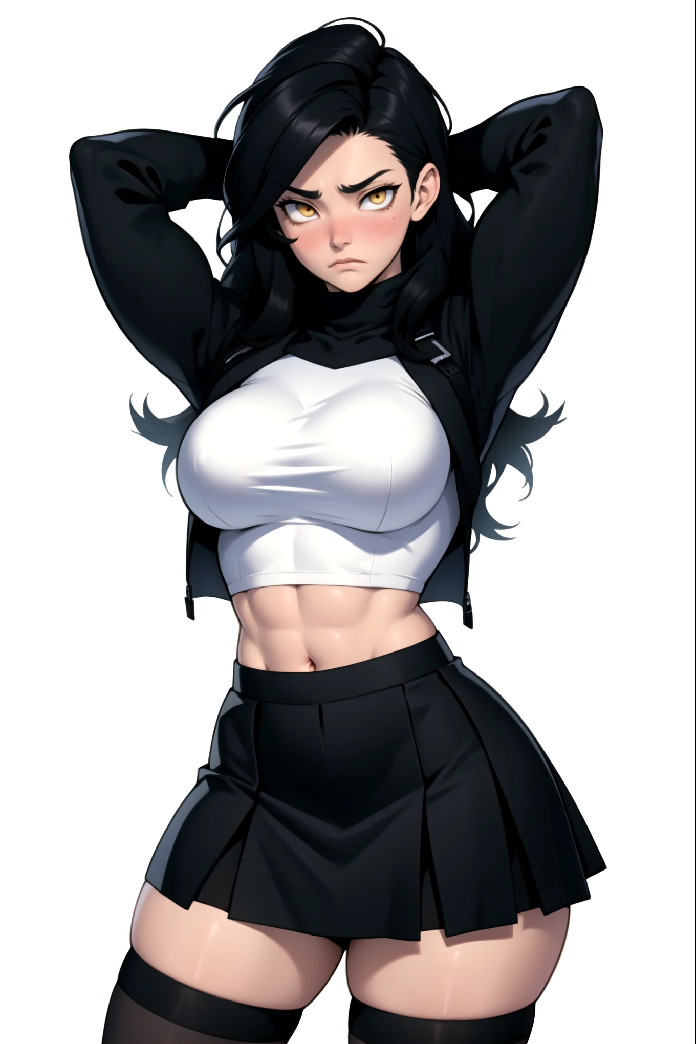 very long hair huge muscles big breasts thick long sleeve t midriff navel abs rib cage black hair yellow eyes pale skin frown blush empty eyes short plated skirt thigh highs turtleneck