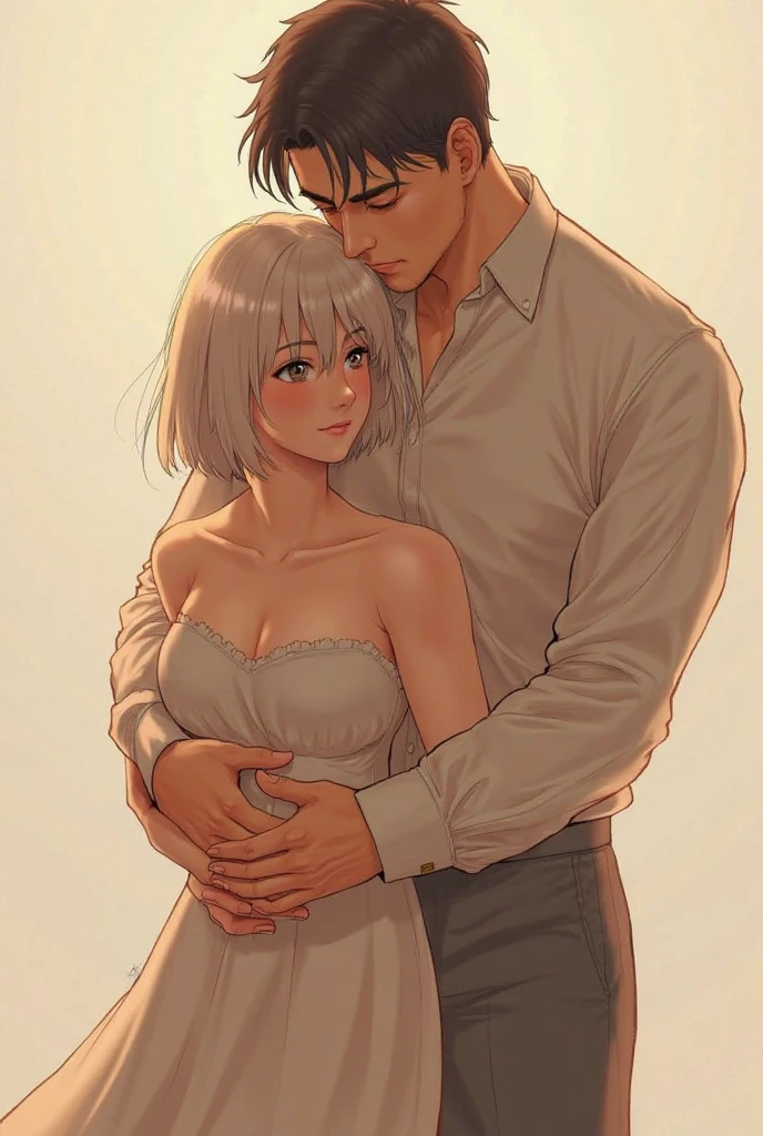 Pregnant woman in a red dress. The woman has Japanese features, very short white hair, violet eyes and light brown skin., and the man is strong and handsome with dark hair and a black dress shirt