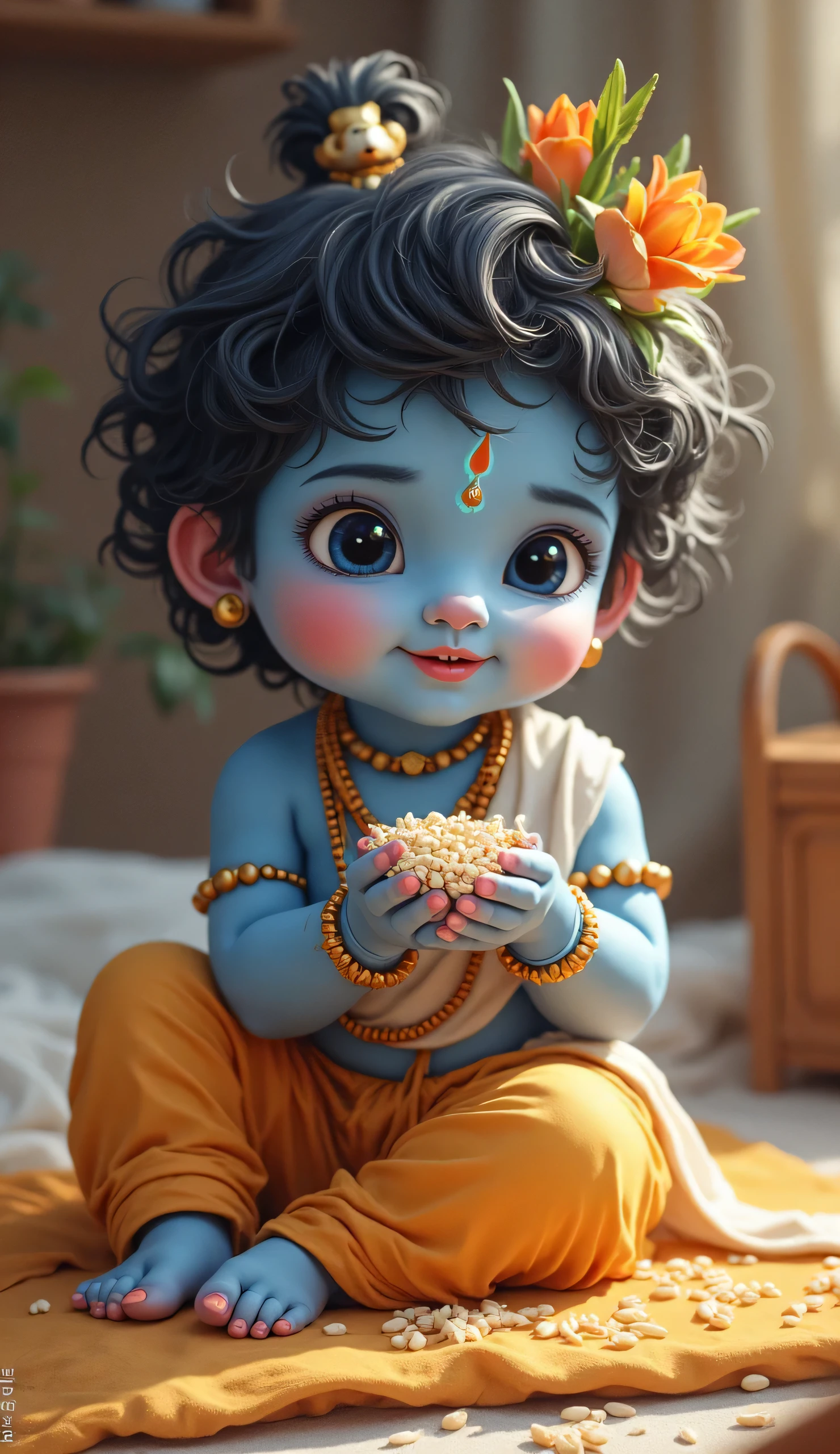 Very cute  baby krishna, beautiful big eyes, shiny hairs, wearing a morpankh mukut, eating white makhan 