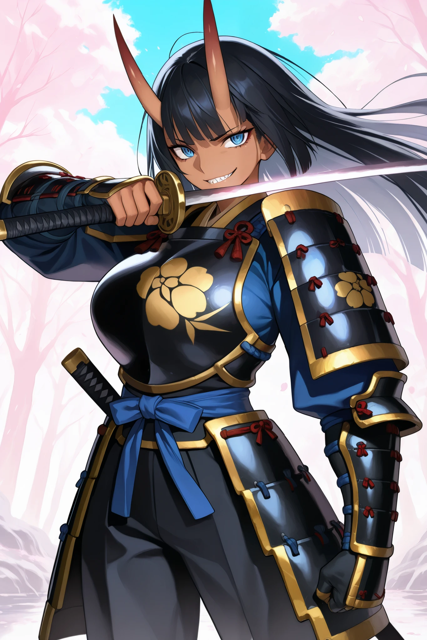absurdres, (((Ultra HD))), (((Ultra High Quality))), ((hyper detailed)), ((Ultra High Resolution)), (Highly rendered), ((detailed eyes)), (((8K))), ((perfect face)), ((masterpiece)), solo, 1girl, tall, dark skin, Oni, Oni horns, black hair, long hair, sinister smirk, mouth open, sharp teeth, blue eyes, long split bangs, straight hair, large breasts, samurai armor, samurai, black armor, gold accents, katana, holding katana, shoulder armor, gauntlets, black pants, shin armor, Japanese forest, cherry trees, cherry blossoms, good weather, blue sky