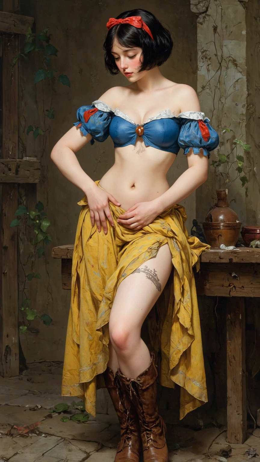 m1ag0th woman, hair bun, red bandana, in a barn, pearl movie, naked, brunette hair, blue eyeliner