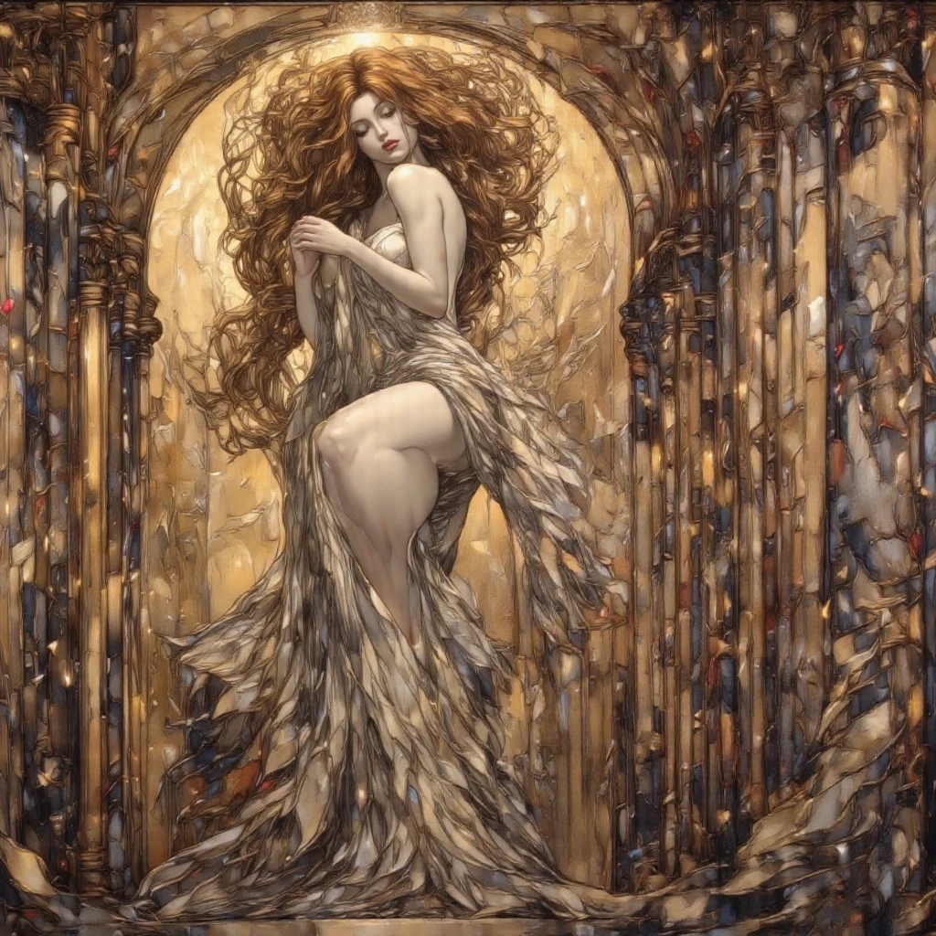 detailed oil painting of a goddess of fortune nude upper body, readhead, in a medieval fantasy world, intricate details, beautiful face, long flowing hair, delicate skin, elegant pose, fantasy architecture, glowing light, warm colors, cinematic lighting, dramatic shadows, highly detailed, masterpiece, 8k, photorealistic, hyper detailed