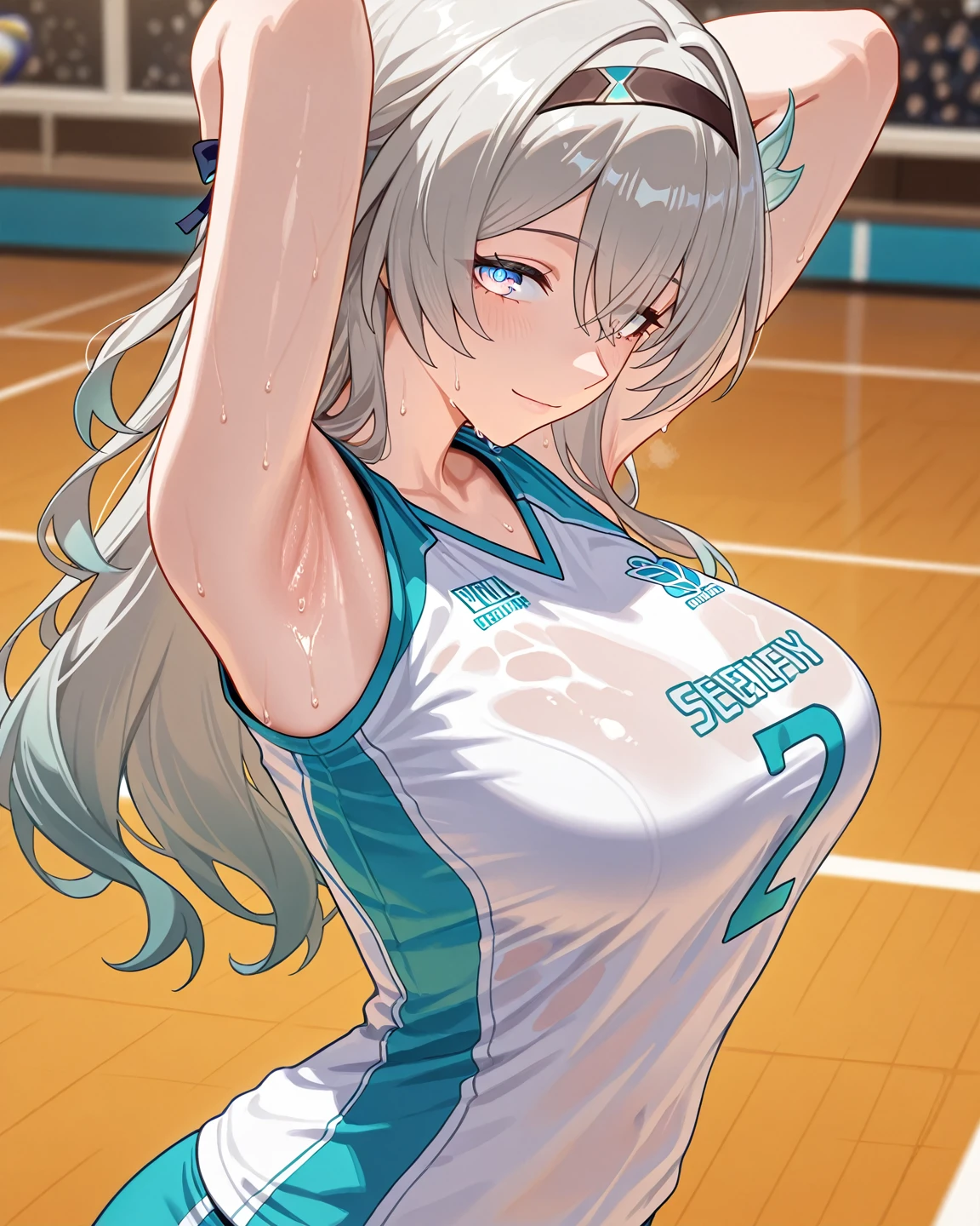 (masterpiece,highest quality,超A high resolution),japanese woman, (((Very beautiful 25 year old girl))), pretty girl、look at the photographer、 (()), super cute face, glossy lips, double eyelids in both eyes,natural smile、 natural makeup, long eyelashes, Shiny and smooth hair、center image, perfect limbs, perfect anatomy,(((basketball sleeveless uniform)))、,(wet with sweat),,turn around and look back,basketball court,See-through