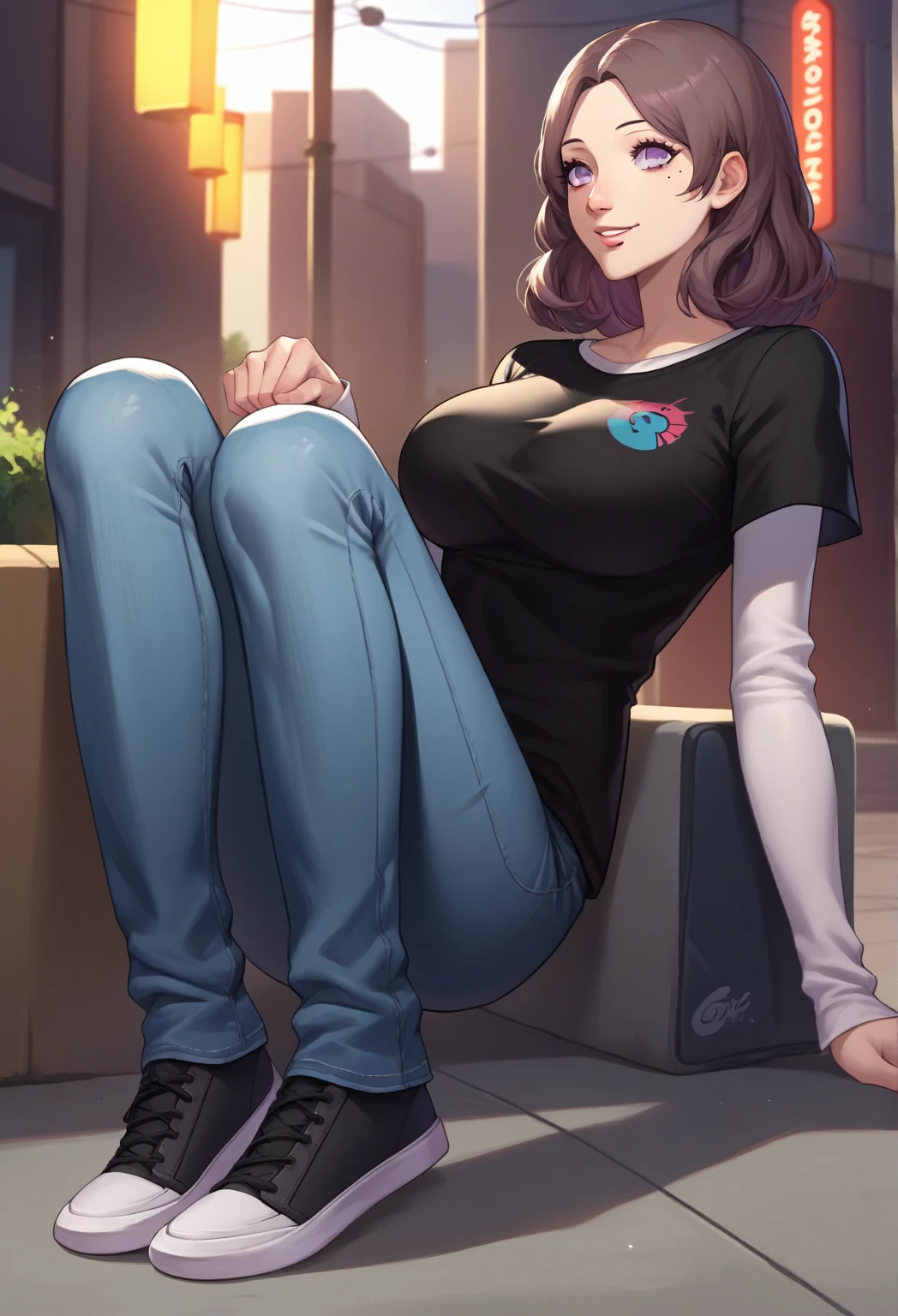 [ochako uraraka], [Boku no hero academia], ((masterpiece)), ((HD)), ((high quality)), ((solo portrait)), ((front view)), ((full body)), ((anime)), ((Kohei Horikoshi)), ((detailed shading)), ((cel shading)), ((intricate details)), ((cinematic lighting)), {ochako, (rosy cheeks), (cute round brown eyes), short brown hair, short eyelashes, large , (gorgeous hips), (beautiful legs), (excited smile), white teeth)}, {(pink tee shirt), (blue spandex yoga pants), (pink stiletto heels), (barefoot)}, {(sitting on picnic blanket), (looking at viewer)}, [Background; (grass), (blue sky), (sun rays)]